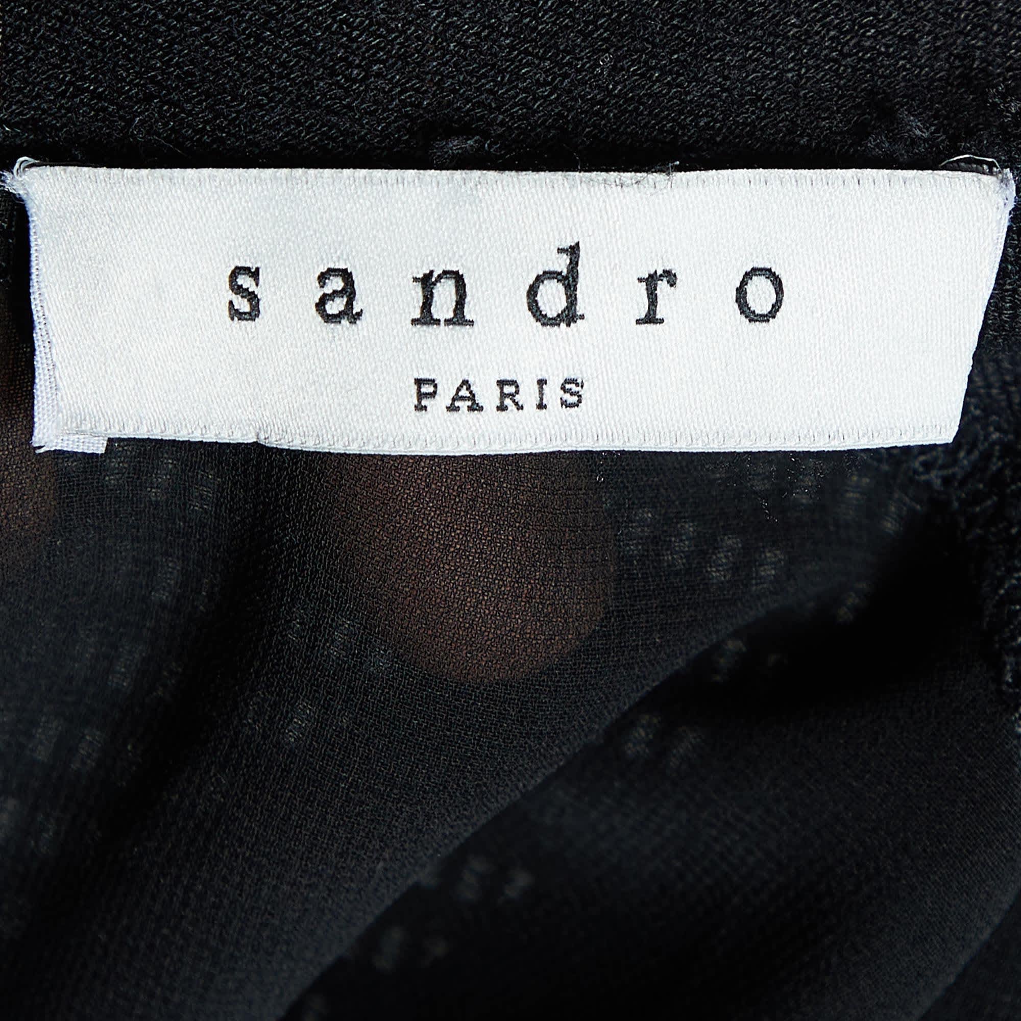 Sandro Black Silk & Knit Paneled Long Sleeve Top