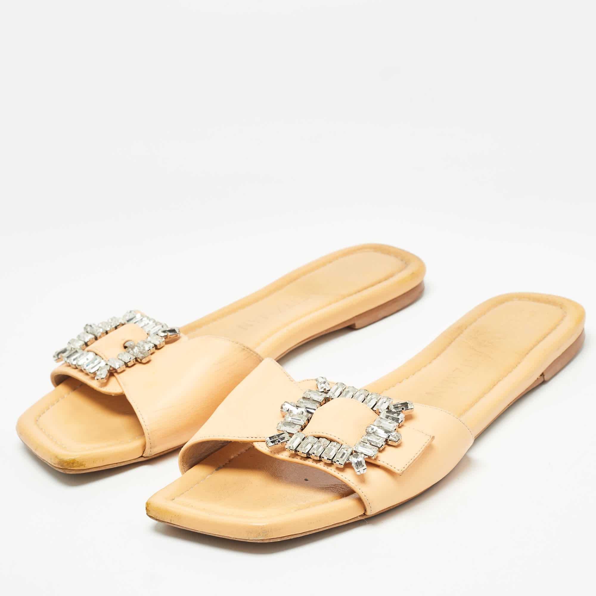 Stuart Weitzman Light Orange Leather Crystal Embellished Shine Buckle Flat Slides