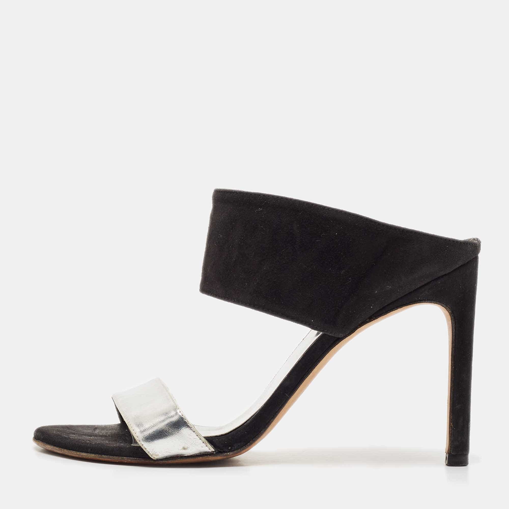 Stuart Weitzman Black/silver Suede And Leather Slide Sandals