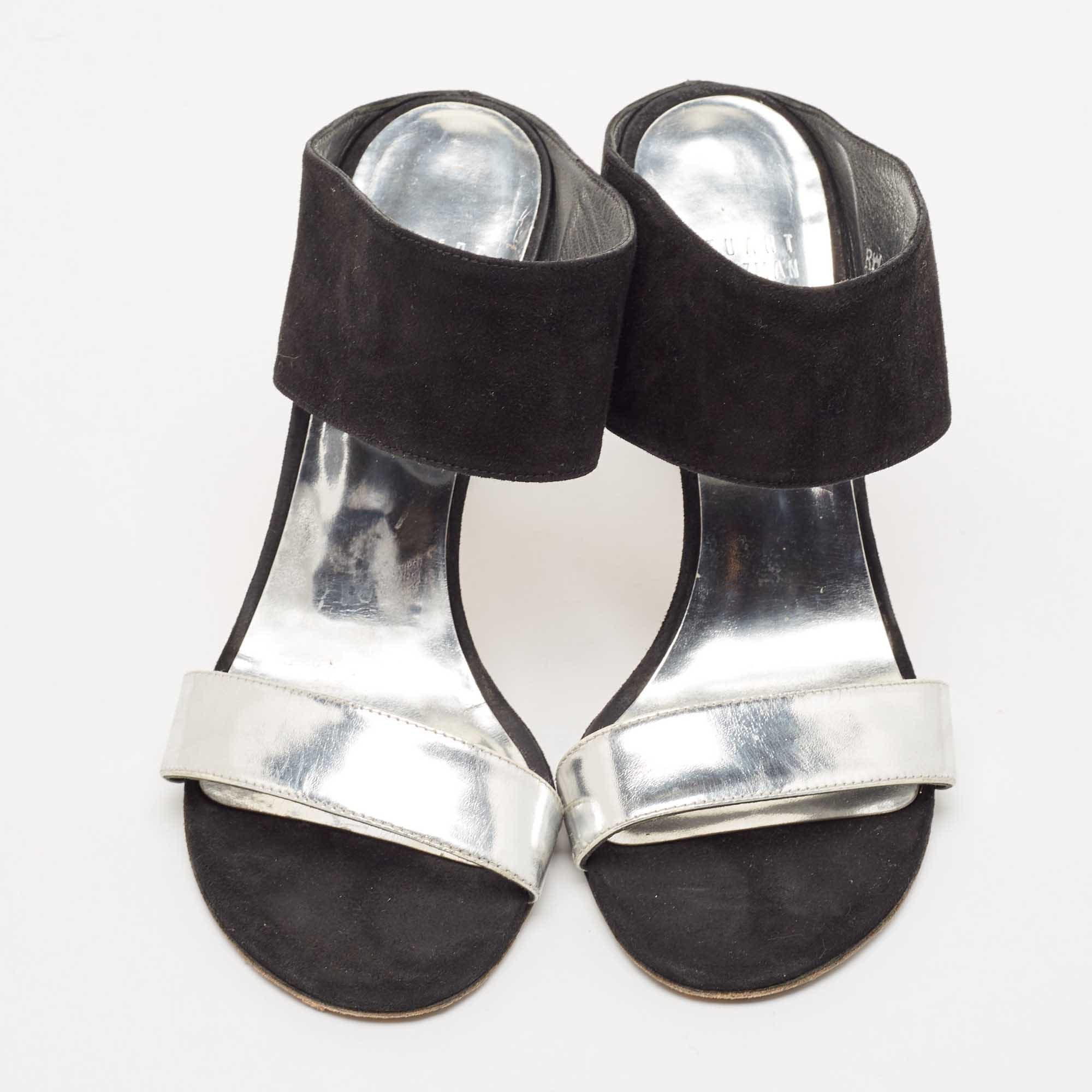 Stuart Weitzman Black/silver Suede And Leather Slide Sandals