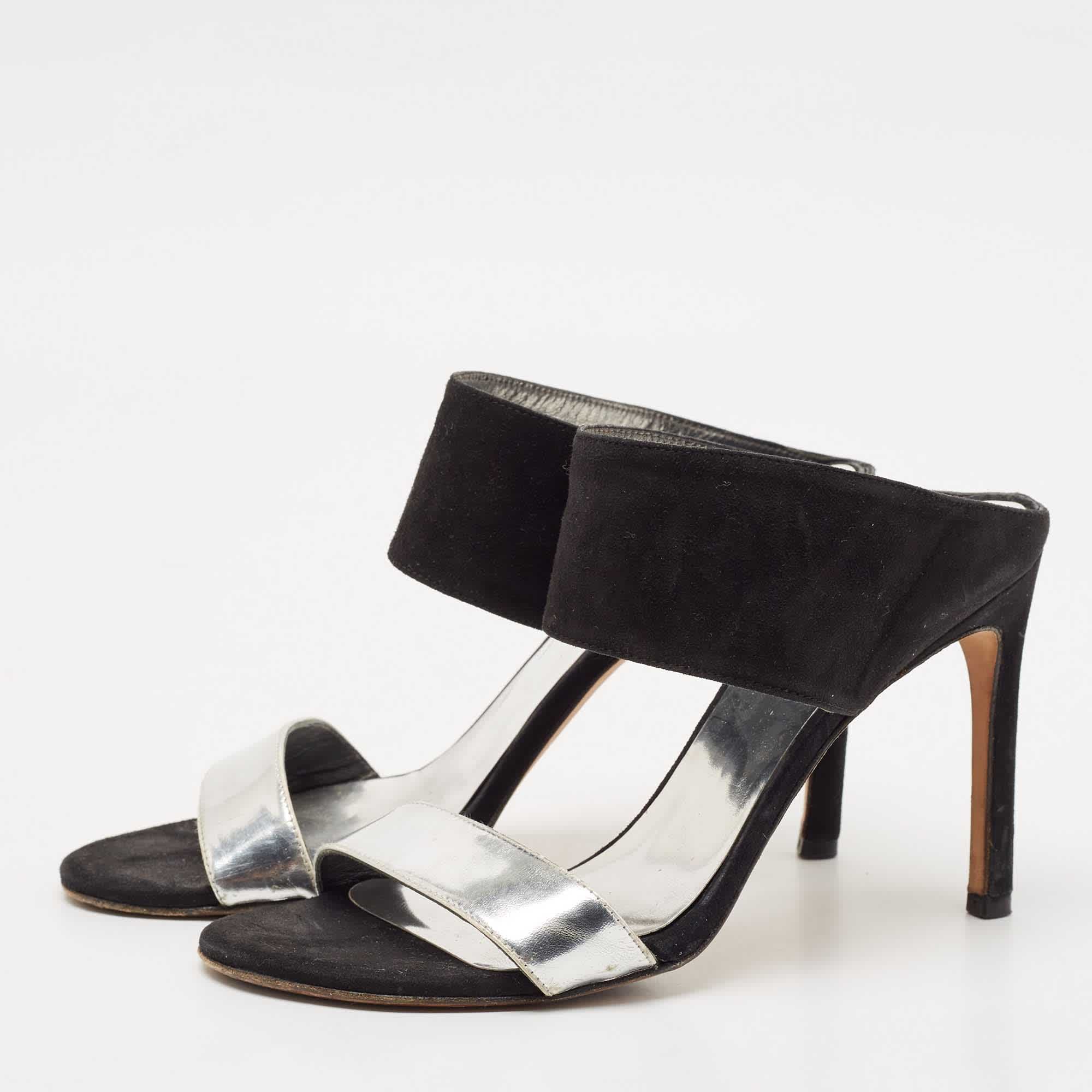 Stuart Weitzman Black/silver Suede And Leather Slide Sandals