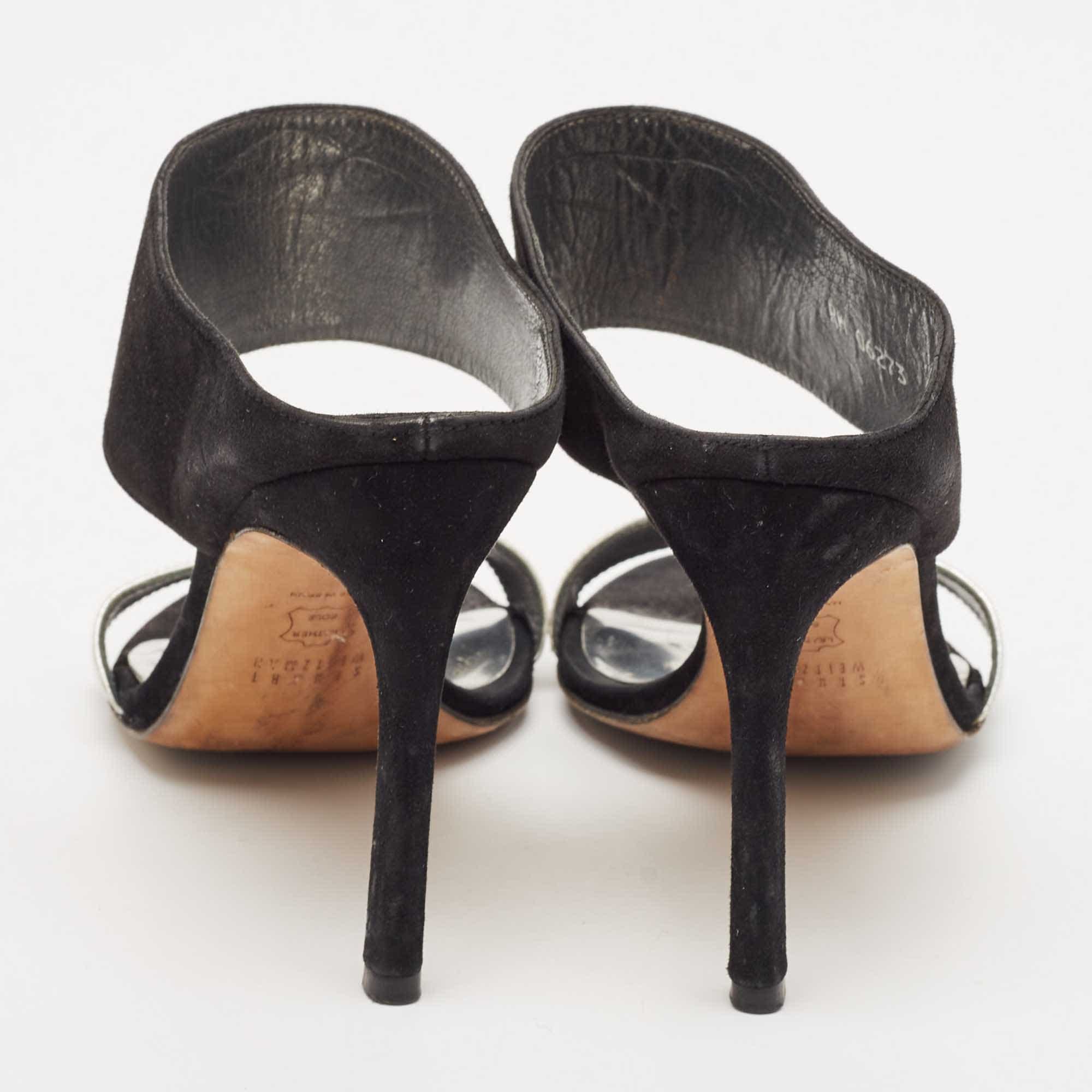 Stuart Weitzman Black/silver Suede And Leather Slide Sandals