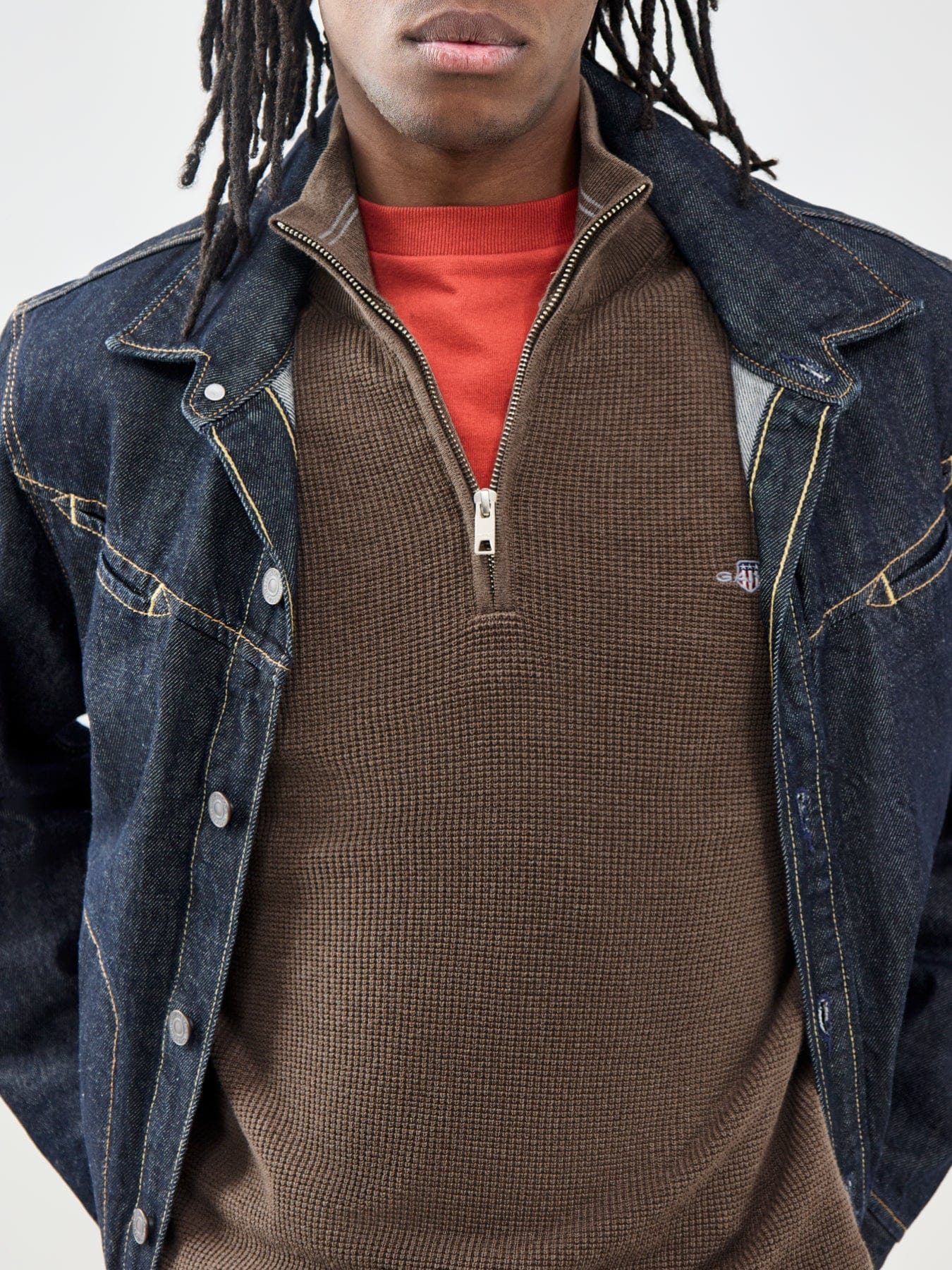 GANT Micro Textured Cotton Half Zip Jumper Brown