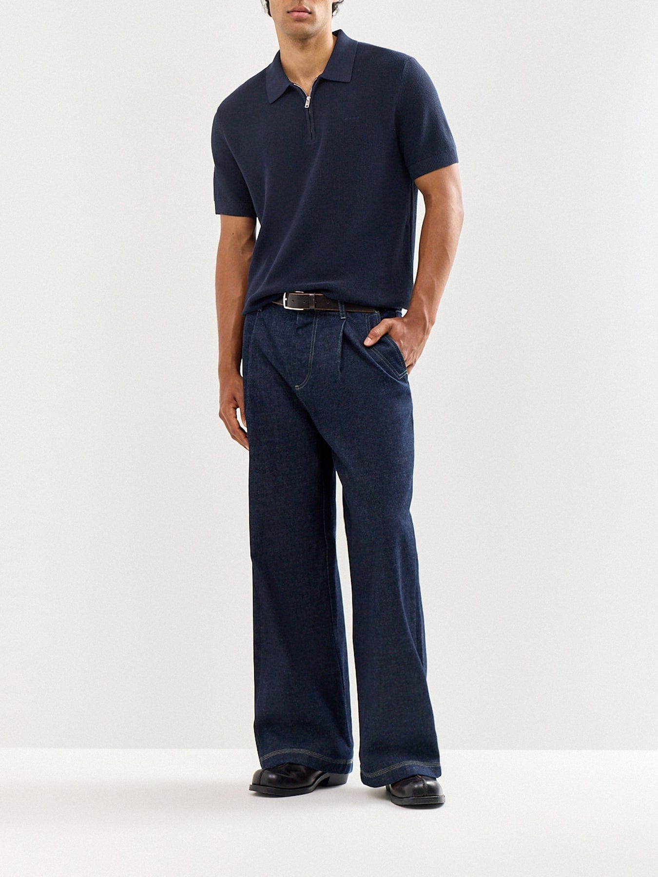 GANT Cotton Rib Half Zip Polo Shirt Navy