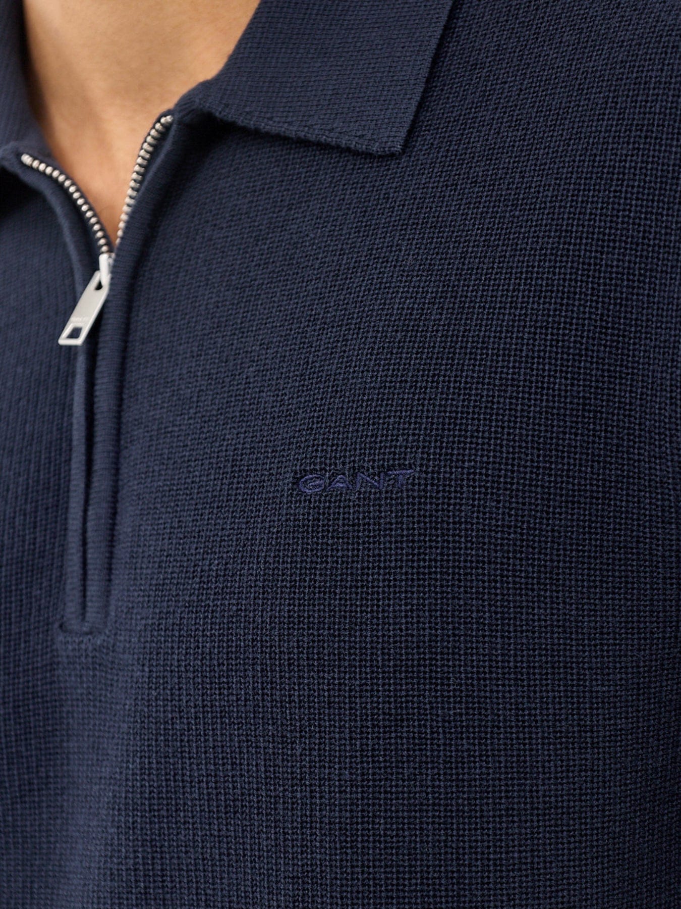 GANT Cotton Rib Half Zip Polo Shirt Navy