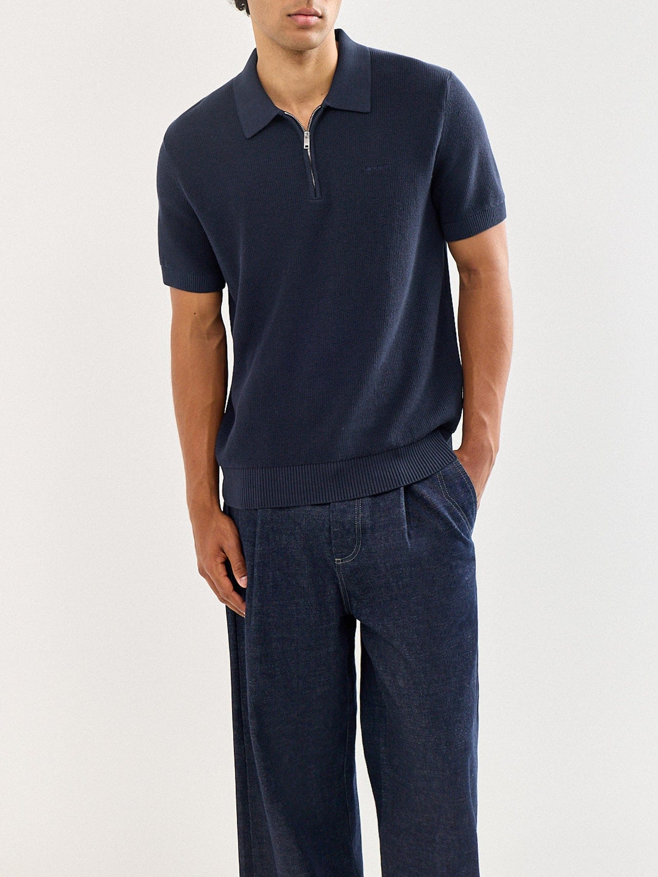 GANT Cotton Rib Half Zip Polo Shirt Navy
