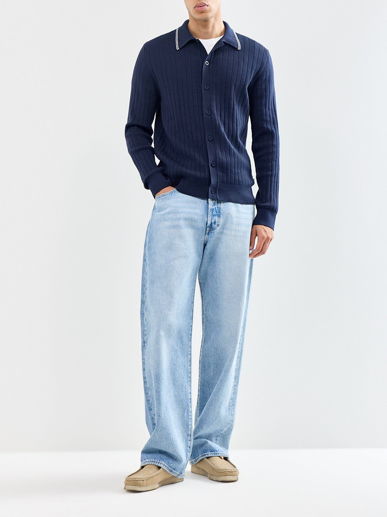 GANT Cotton Rib Polo Cardigan Navy