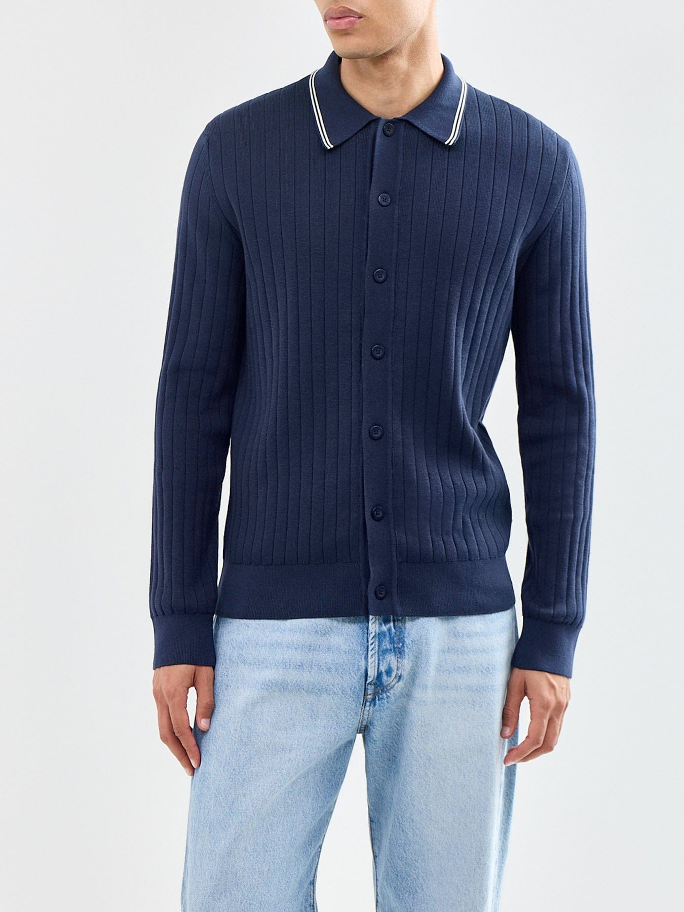 GANT Cotton Rib Polo Cardigan Navy