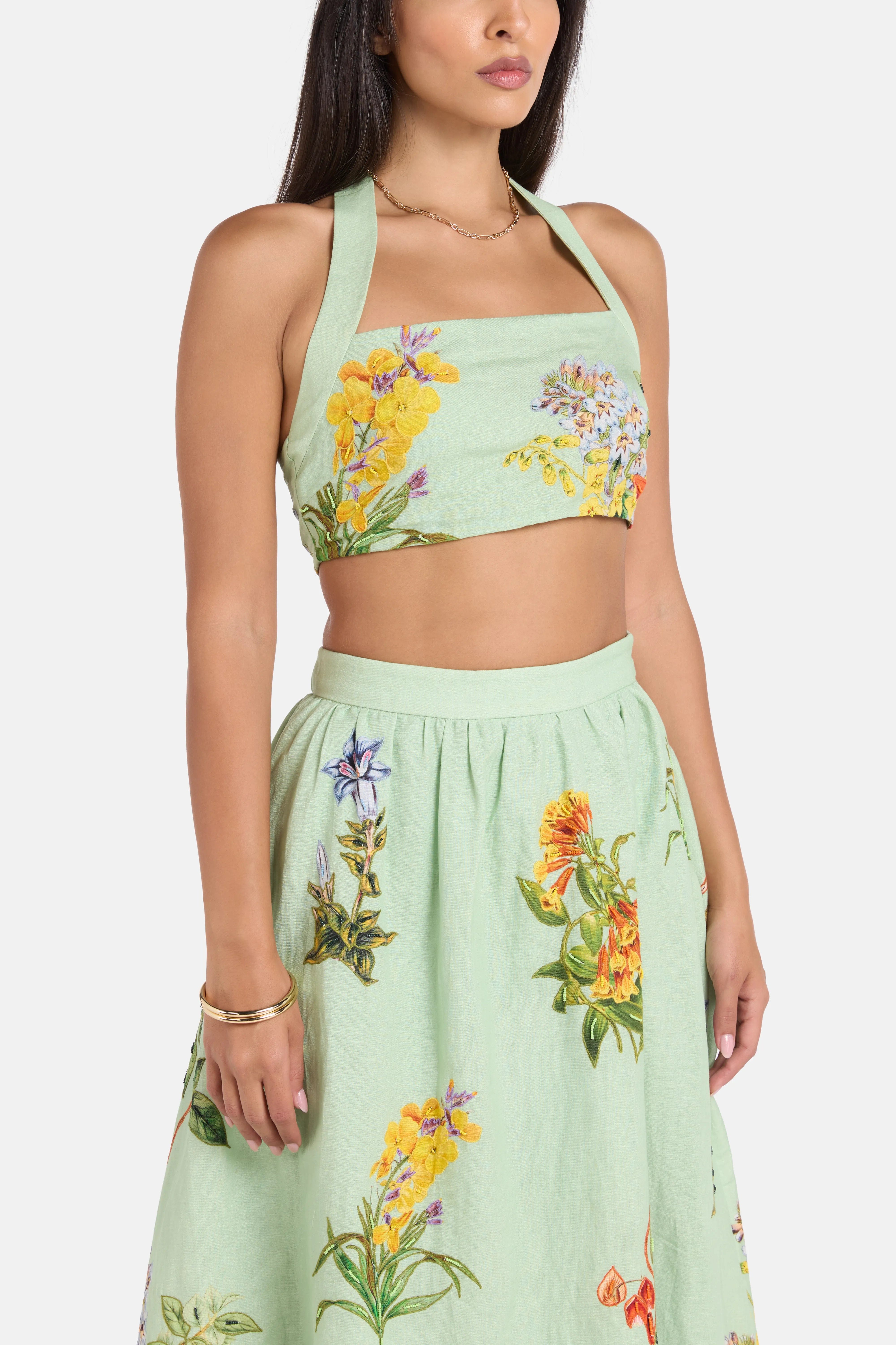 Hemant & Nandita Baku Floral Sleeveless Linen Cotton Crop Top in Green