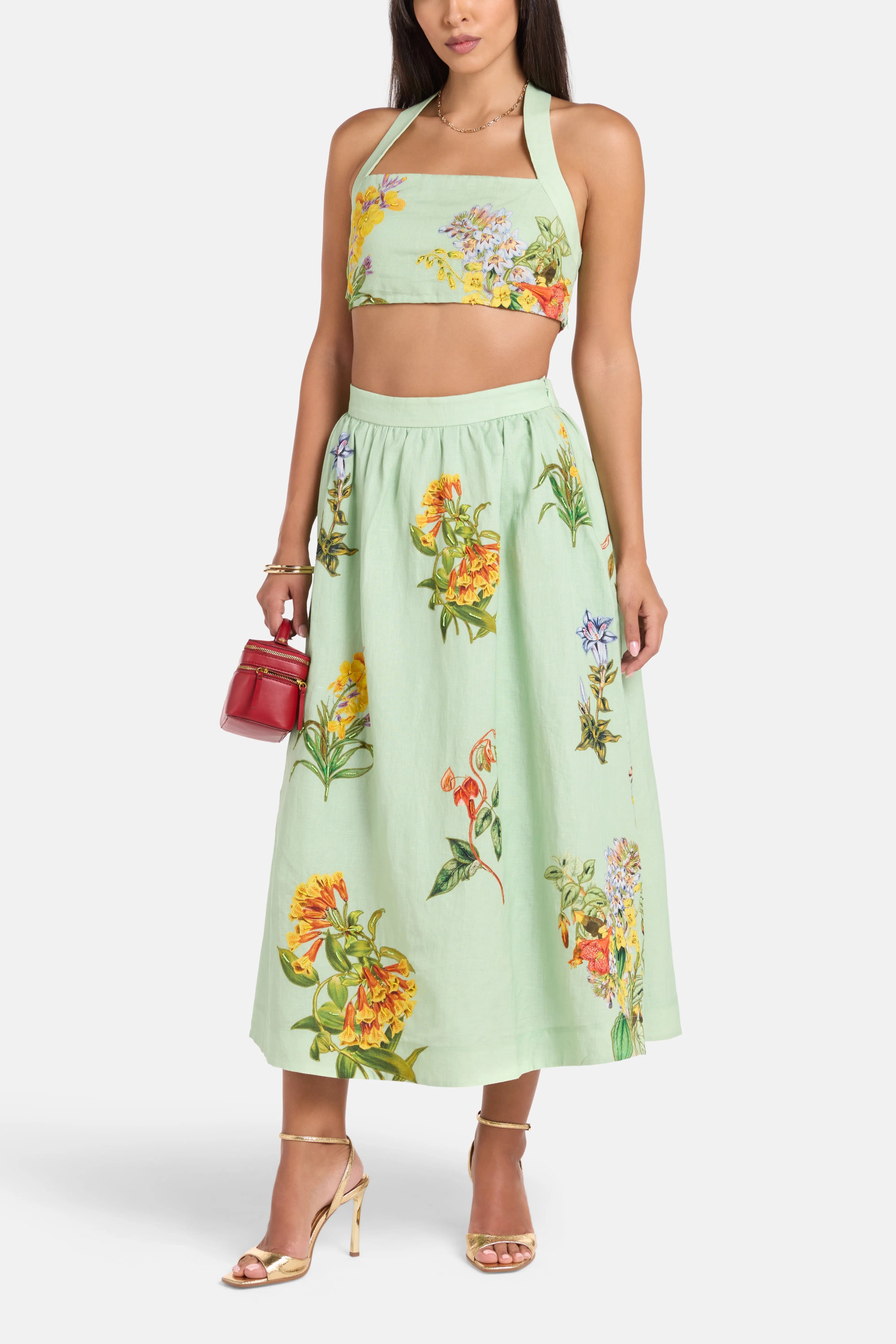 Hemant & Nandita Baku Floral Sleeveless Linen Cotton Crop Top in Green