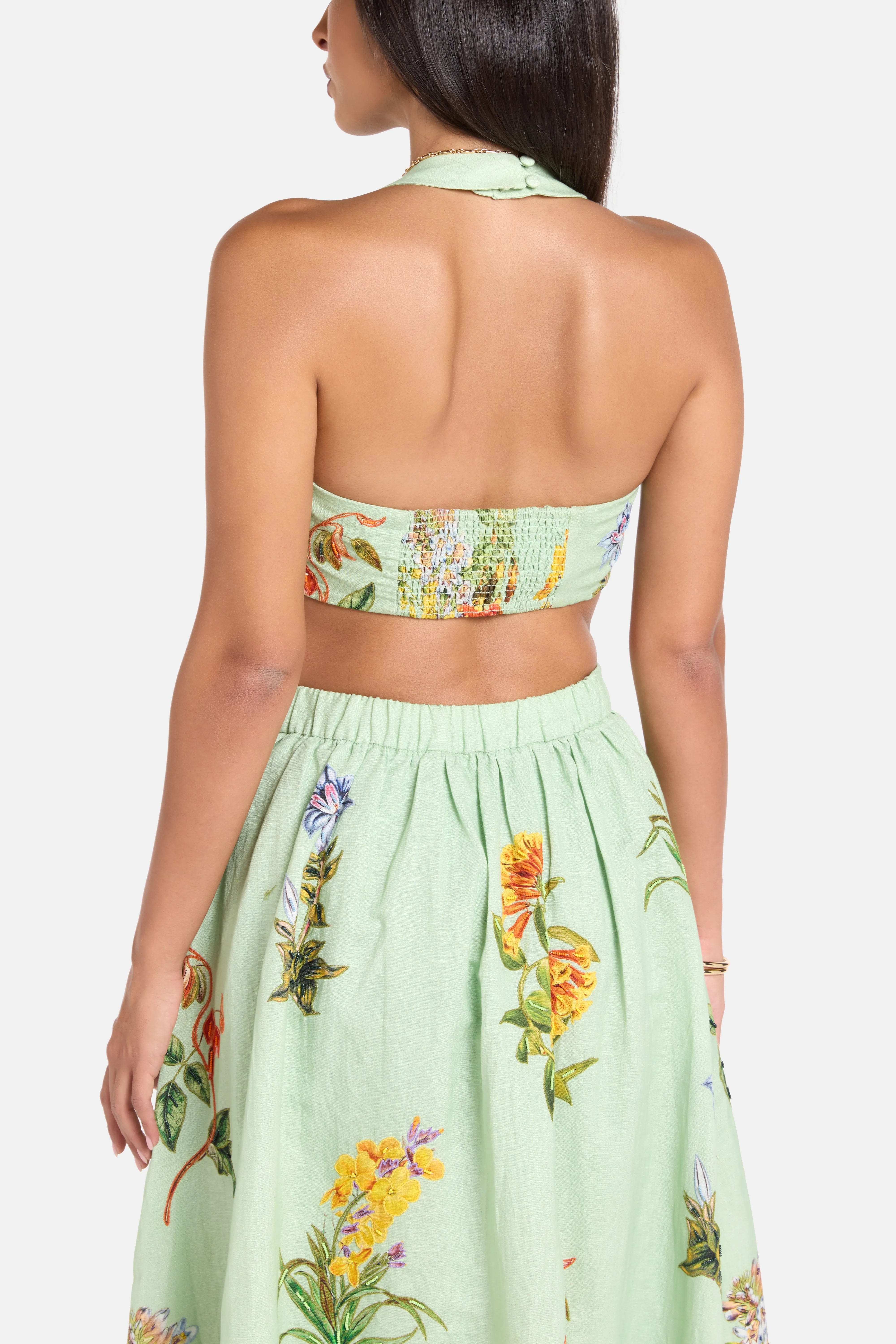 Hemant & Nandita Baku Floral Sleeveless Linen Cotton Crop Top in Green