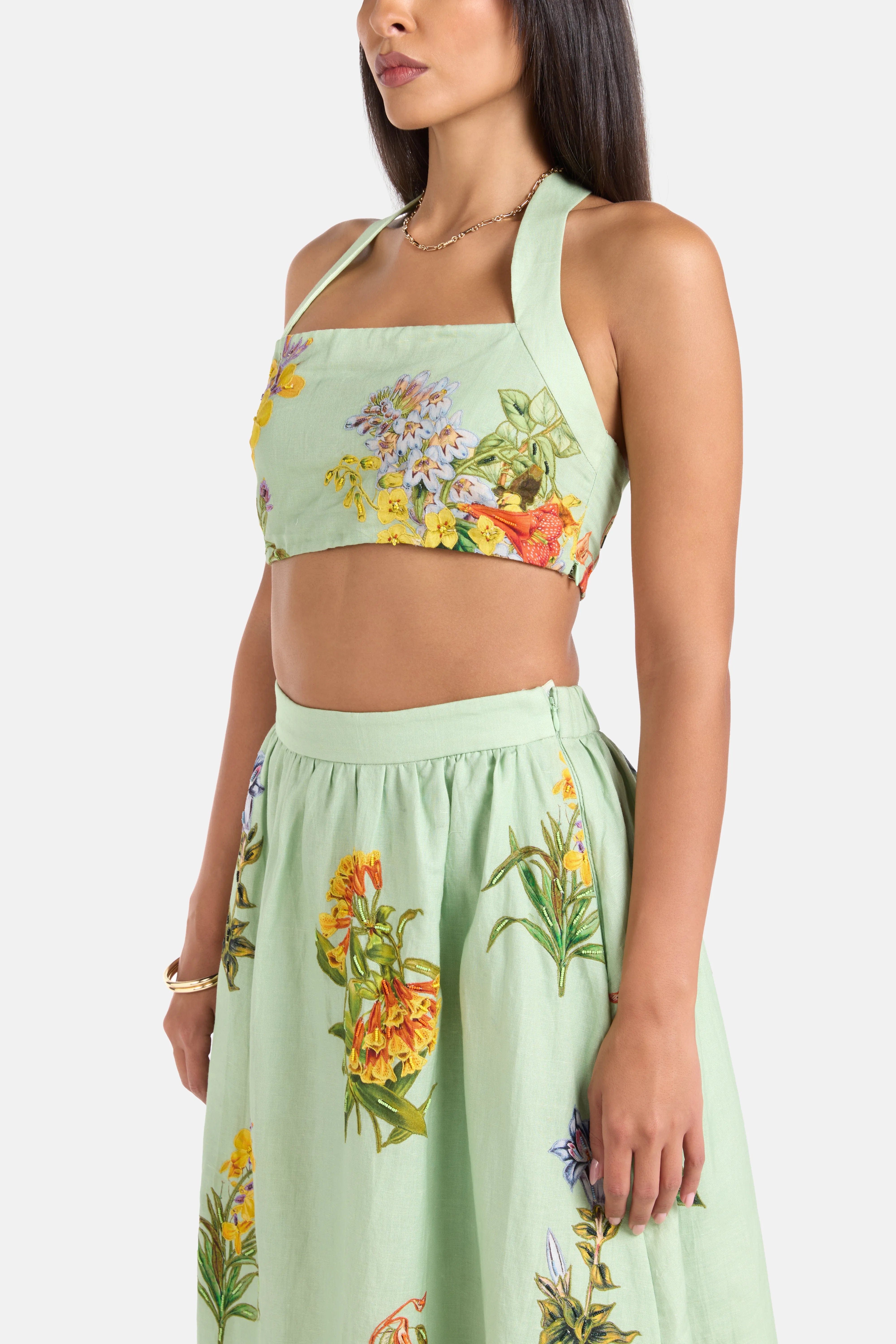 Hemant & Nandita Baku Floral Sleeveless Linen Cotton Crop Top in Green