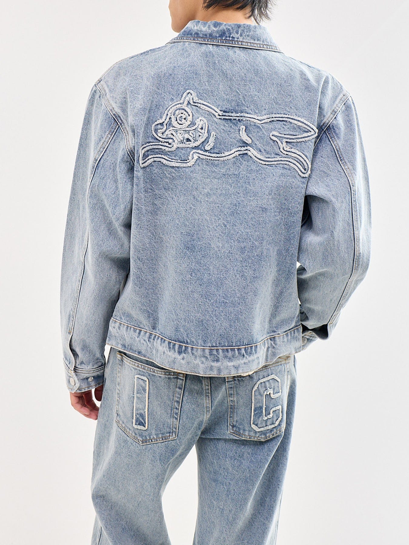 Icecream Applique Running Dog Denim Jacket Blue