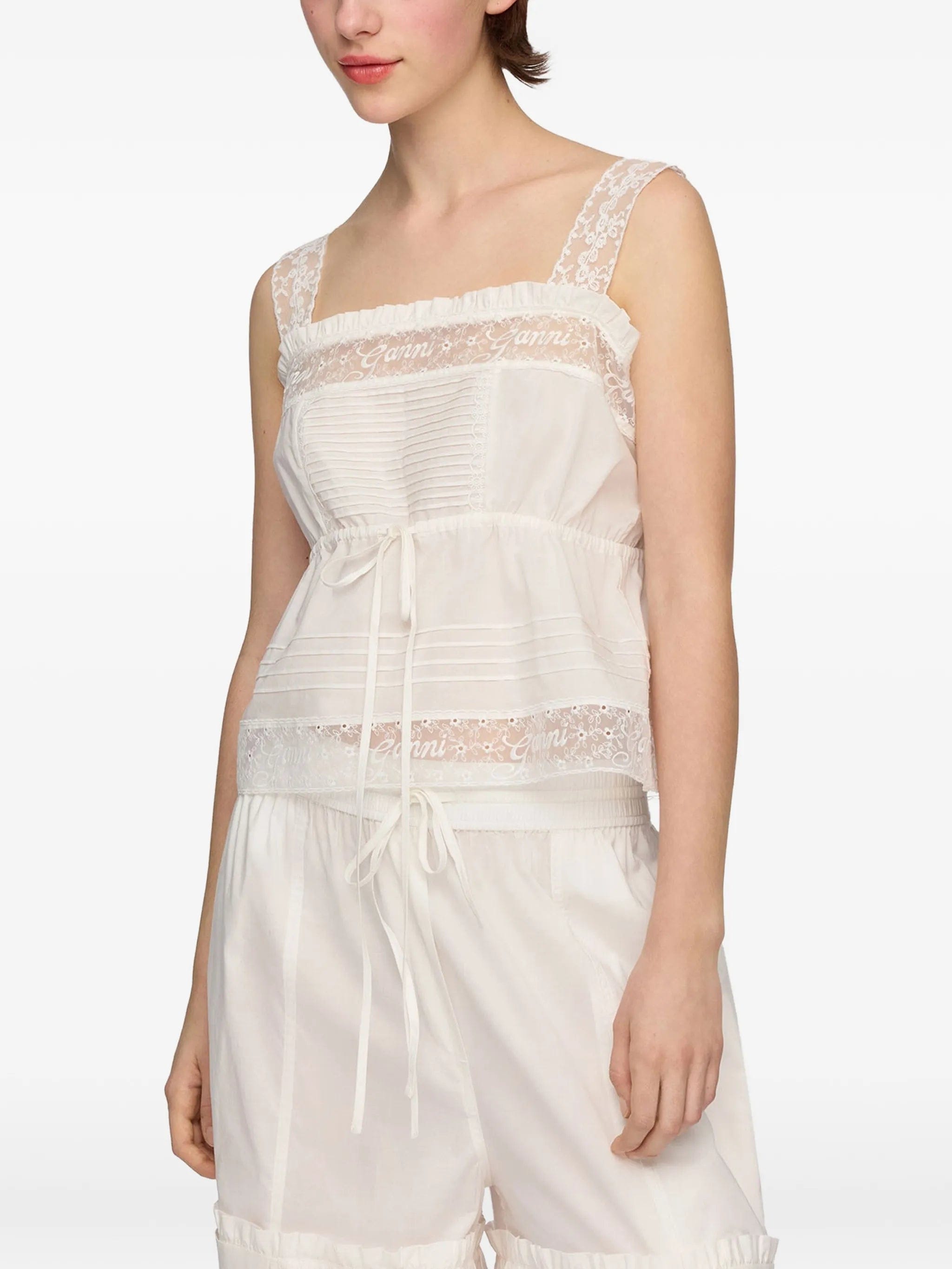 GANNI lace - trim drawstring top