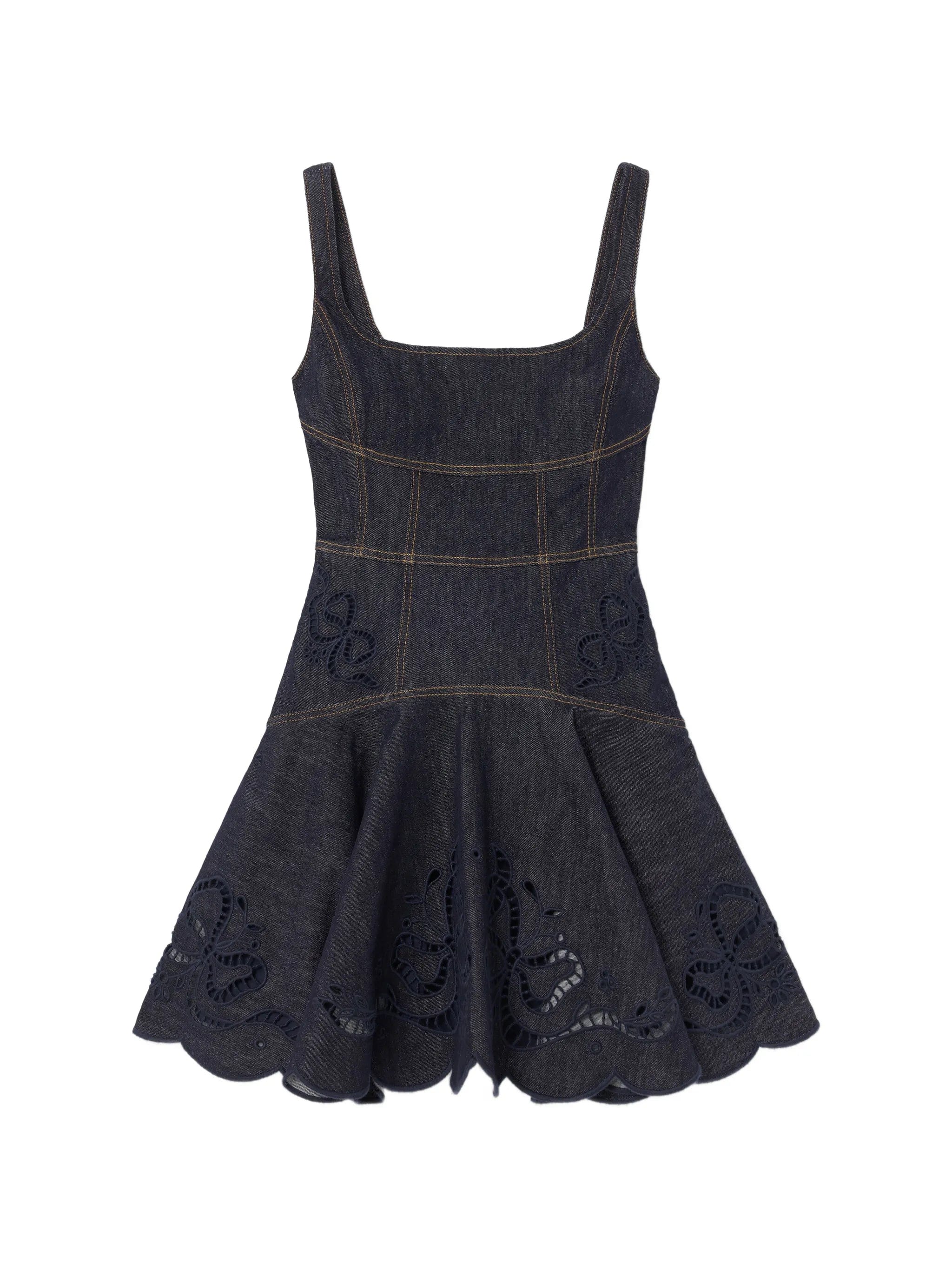Self-Portrait indigo denim bow - embroidered mini dress