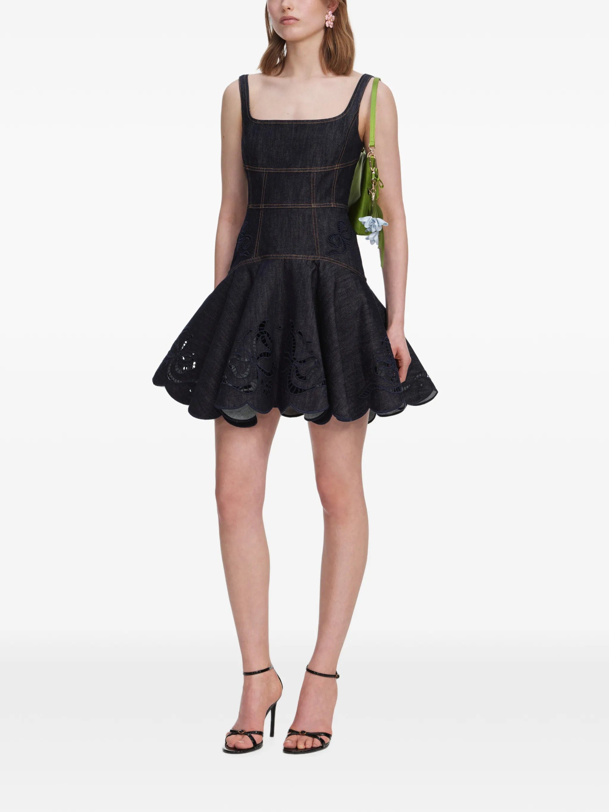 Self-Portrait indigo denim bow - embroidered mini dress