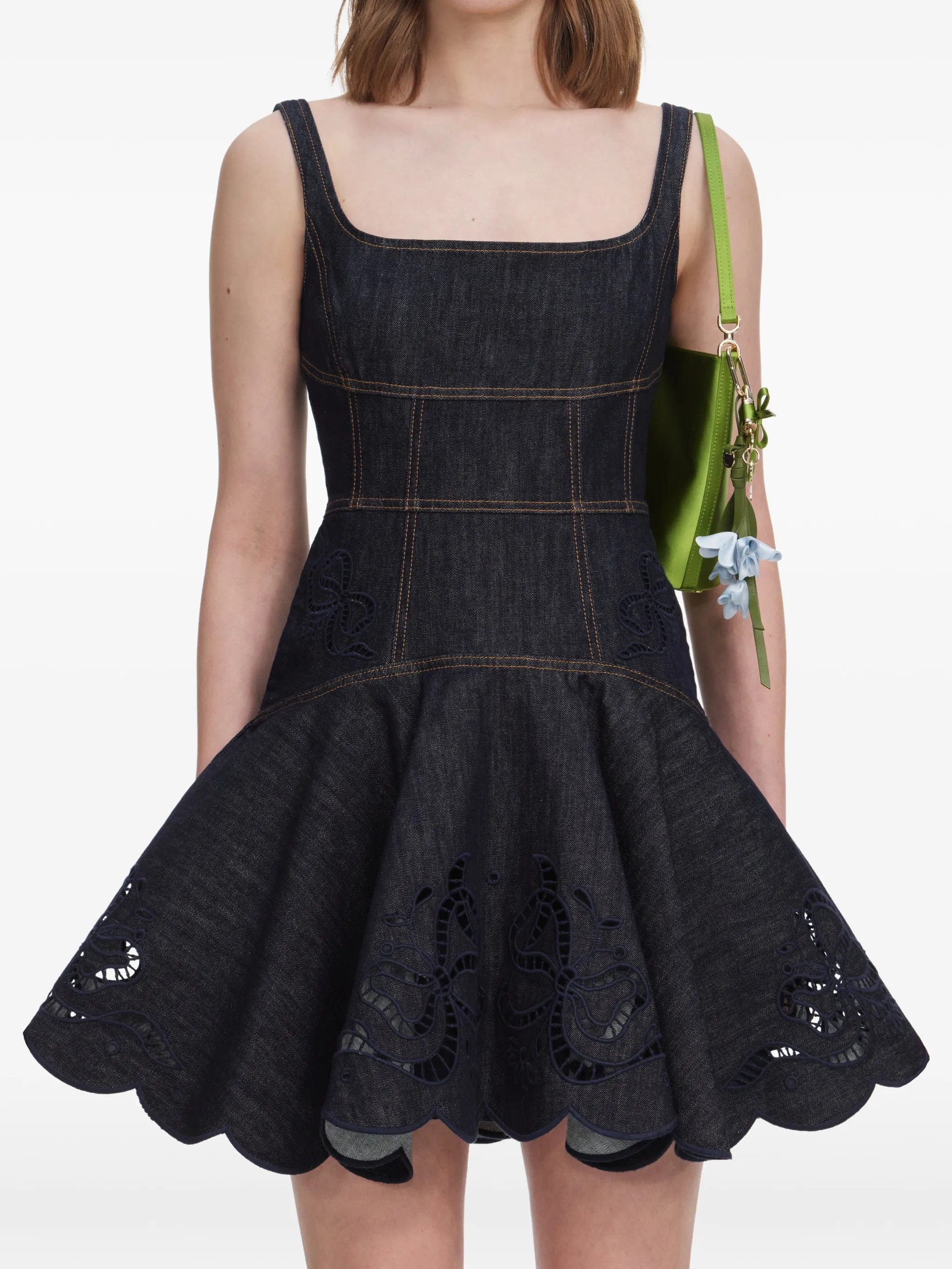 Self-Portrait indigo denim bow - embroidered mini dress