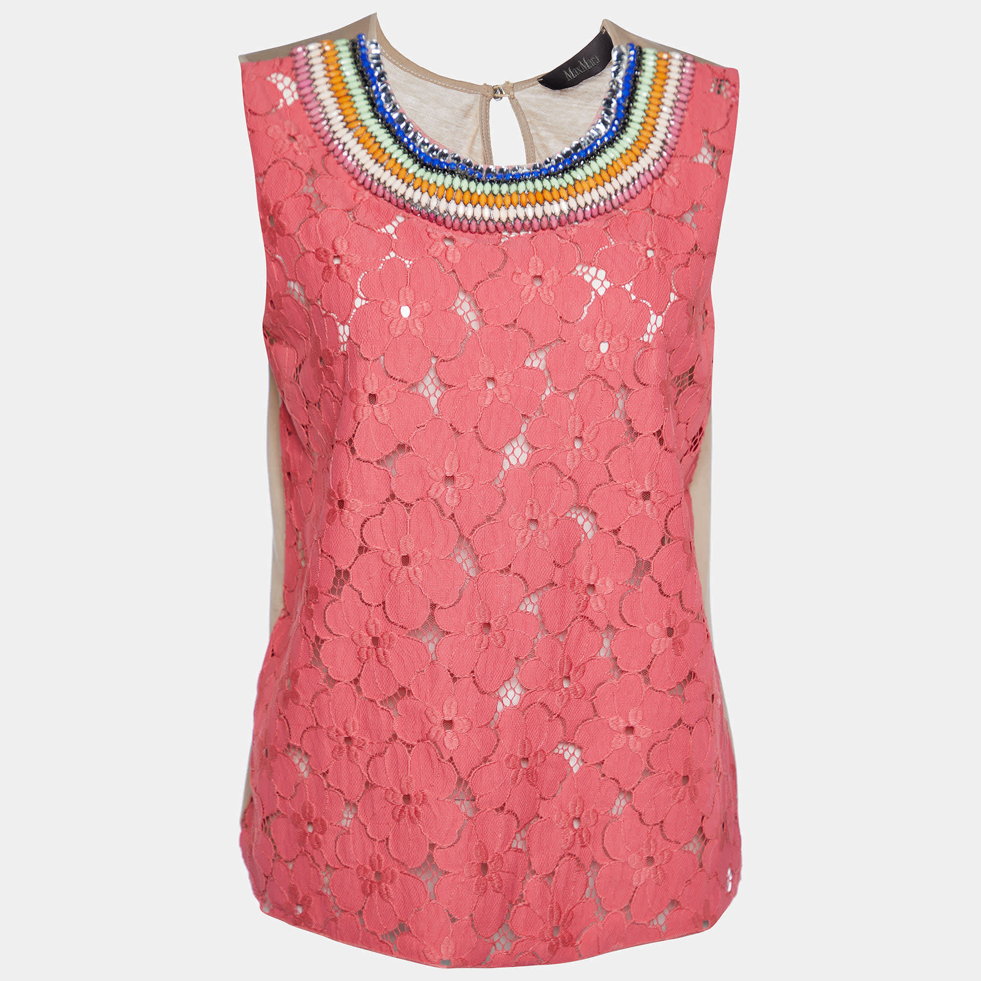 Knit Pink Floral Lace & Cotton Knit Embellished Detail Sleeveless Top