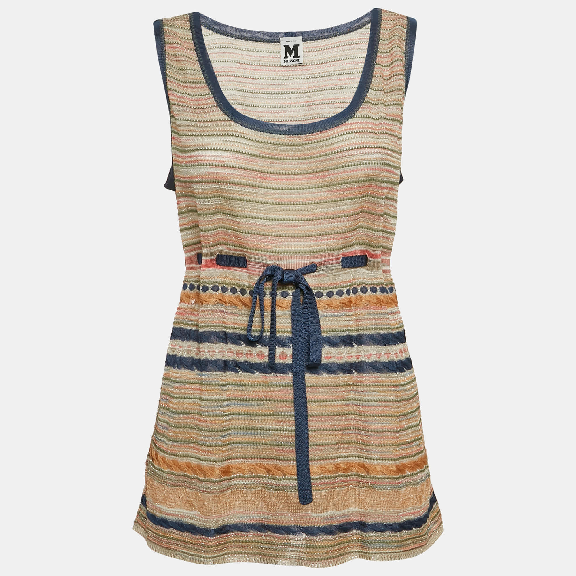 Knit Multicolor Lurex Knit Sleeveless Tie - Up Waist Detail Top