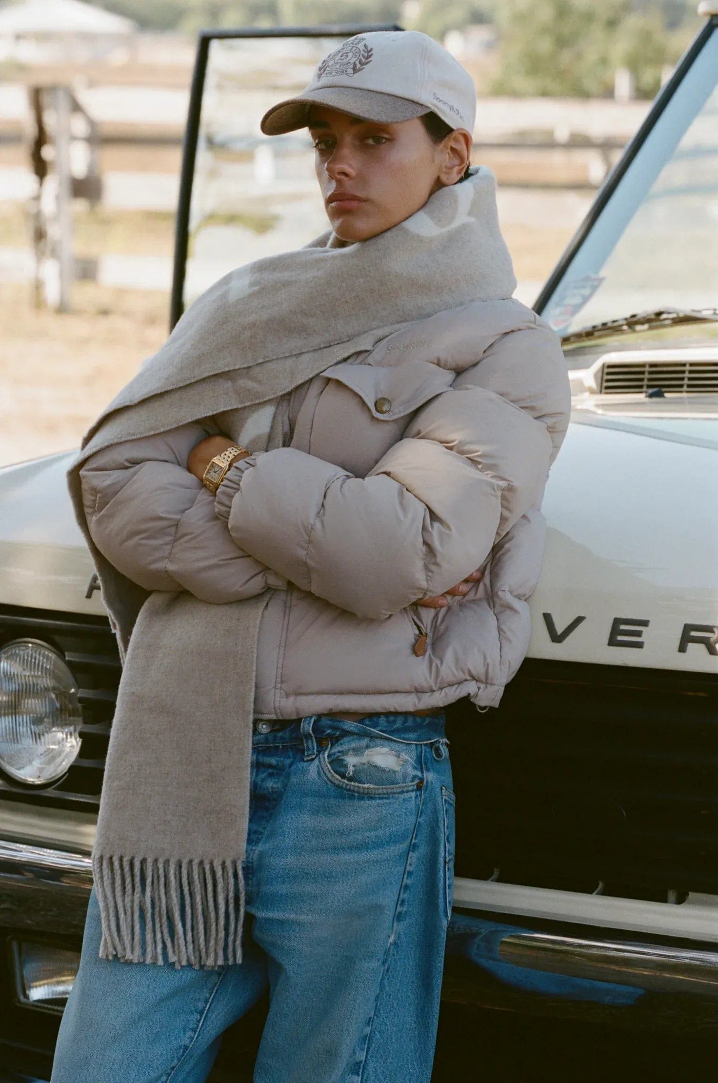 Sporty & Rich Big Serif Wool Scarf in Beige