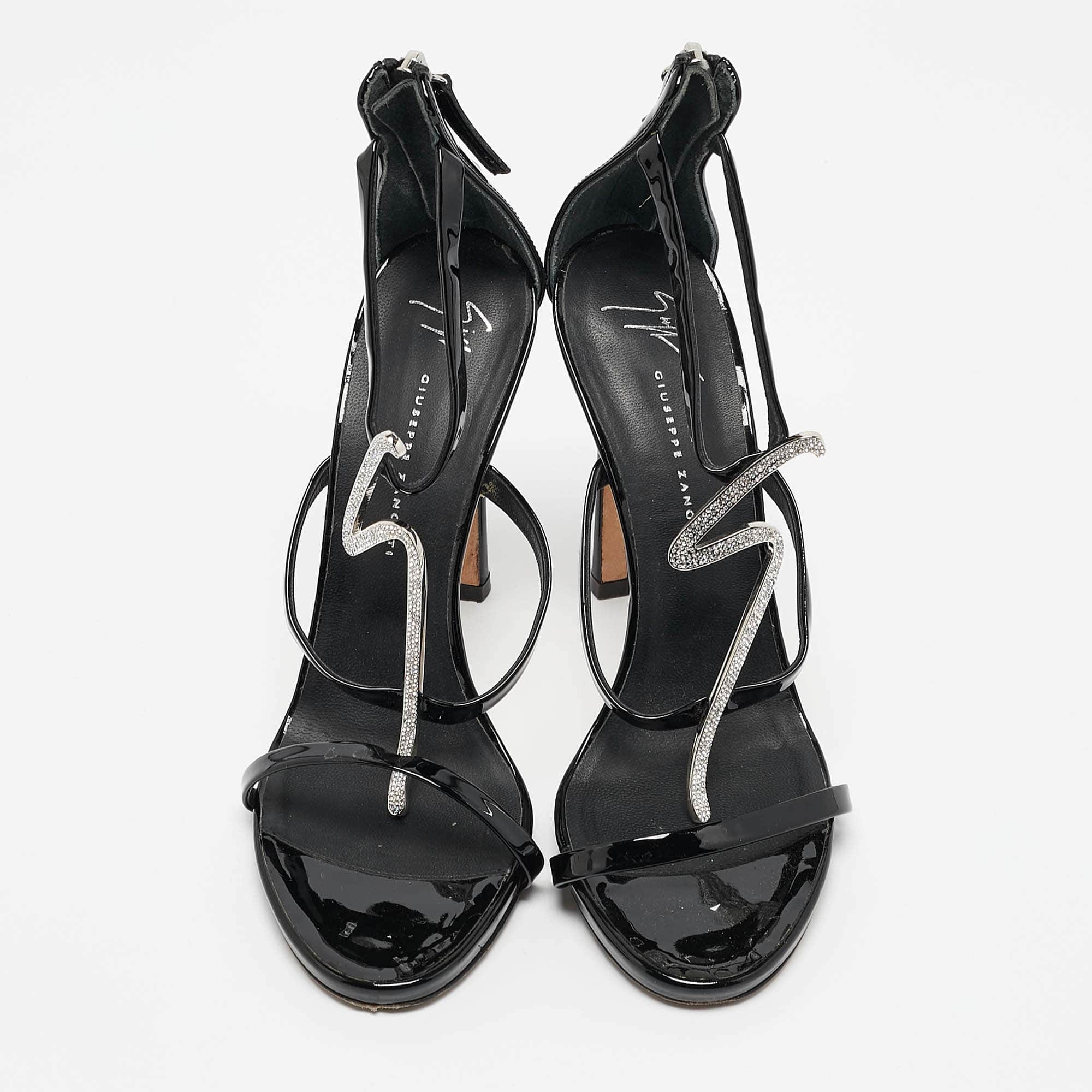 Giuseppe Zanotti Black Patent Leather Crystal Embellished Harmony G Sandals
