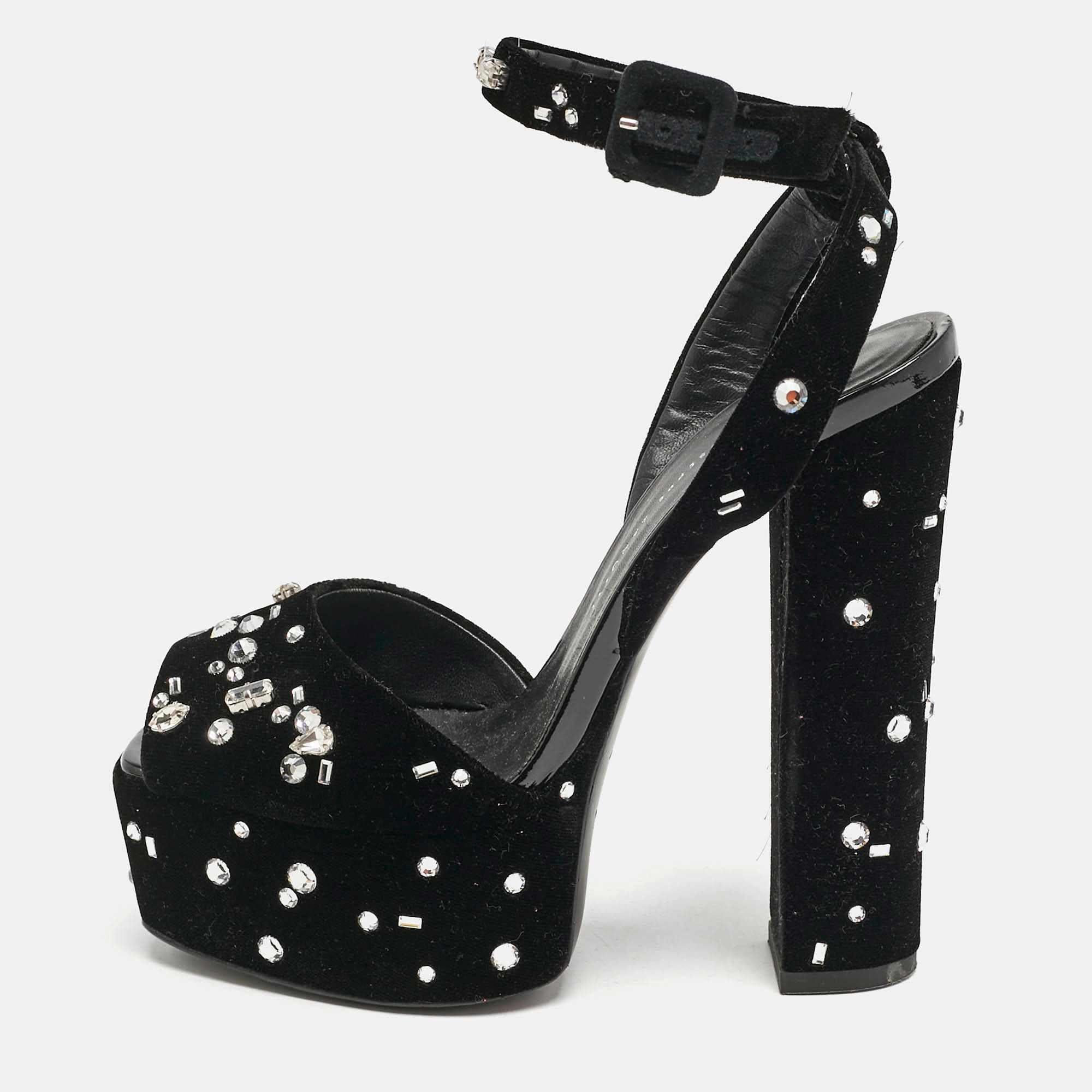 Giuseppe Zanotti Black Velvet Crystal Embellished Ankle Strap Platform Sandals