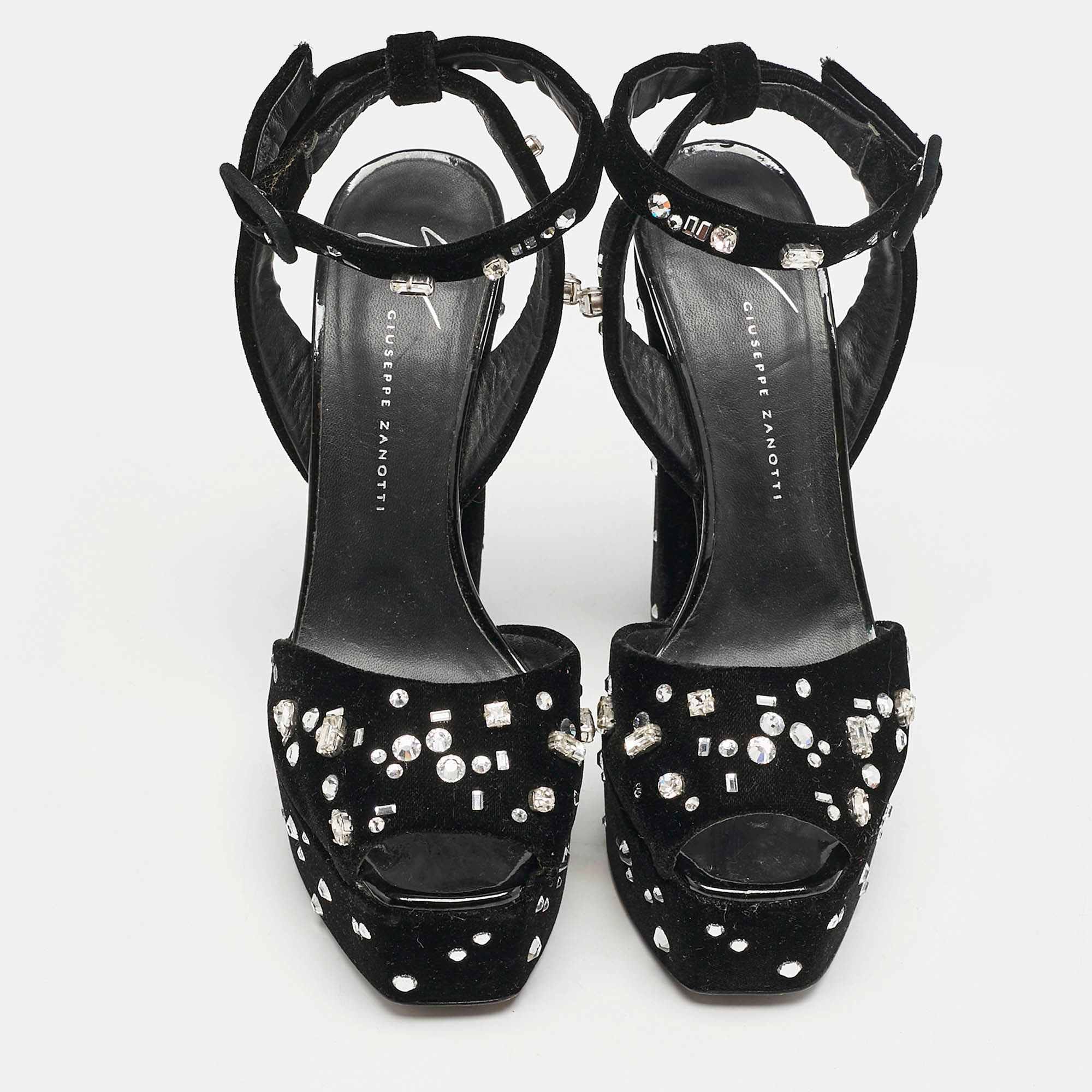 Giuseppe Zanotti Black Velvet Crystal Embellished Ankle Strap Platform Sandals