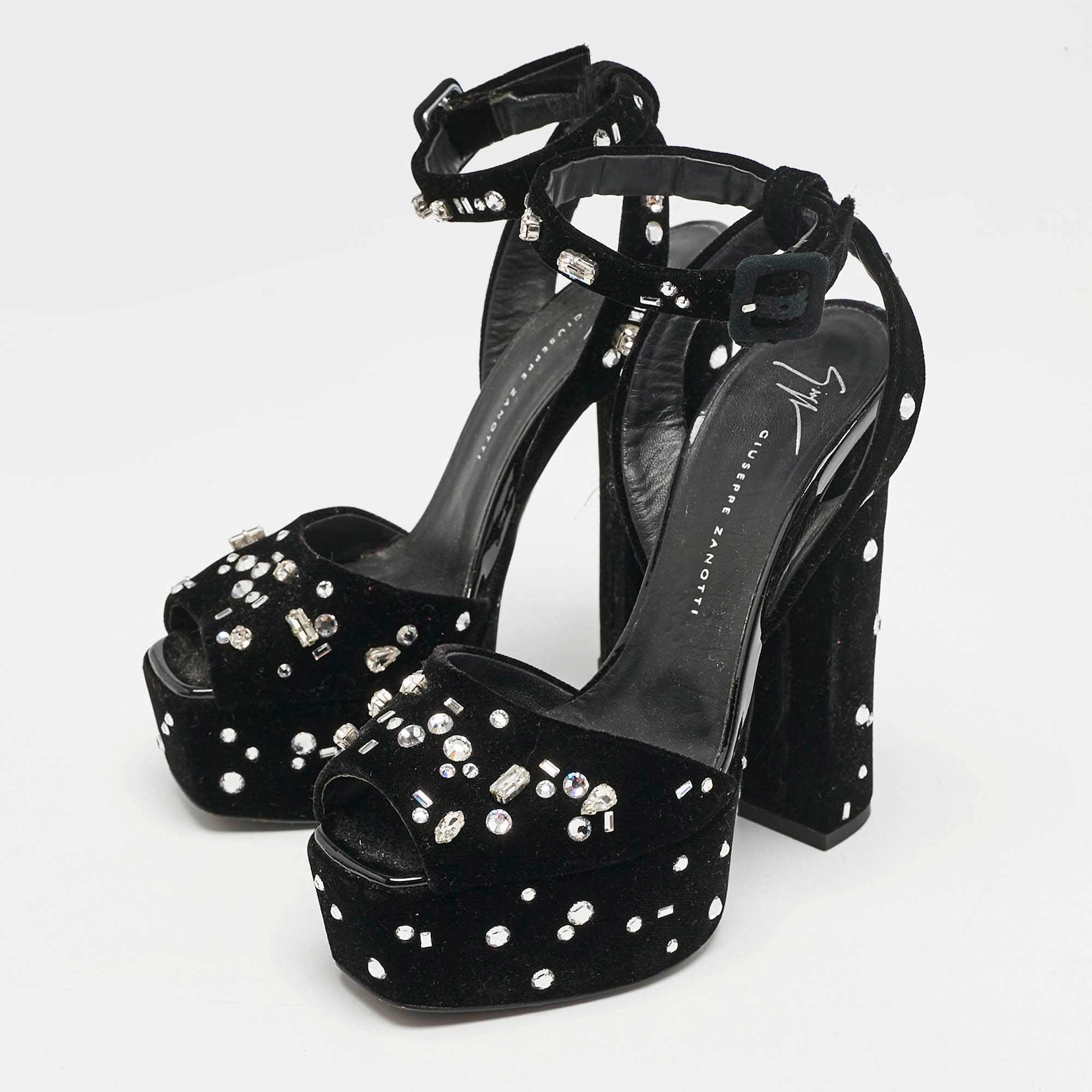 Giuseppe Zanotti Black Velvet Crystal Embellished Ankle Strap Platform Sandals
