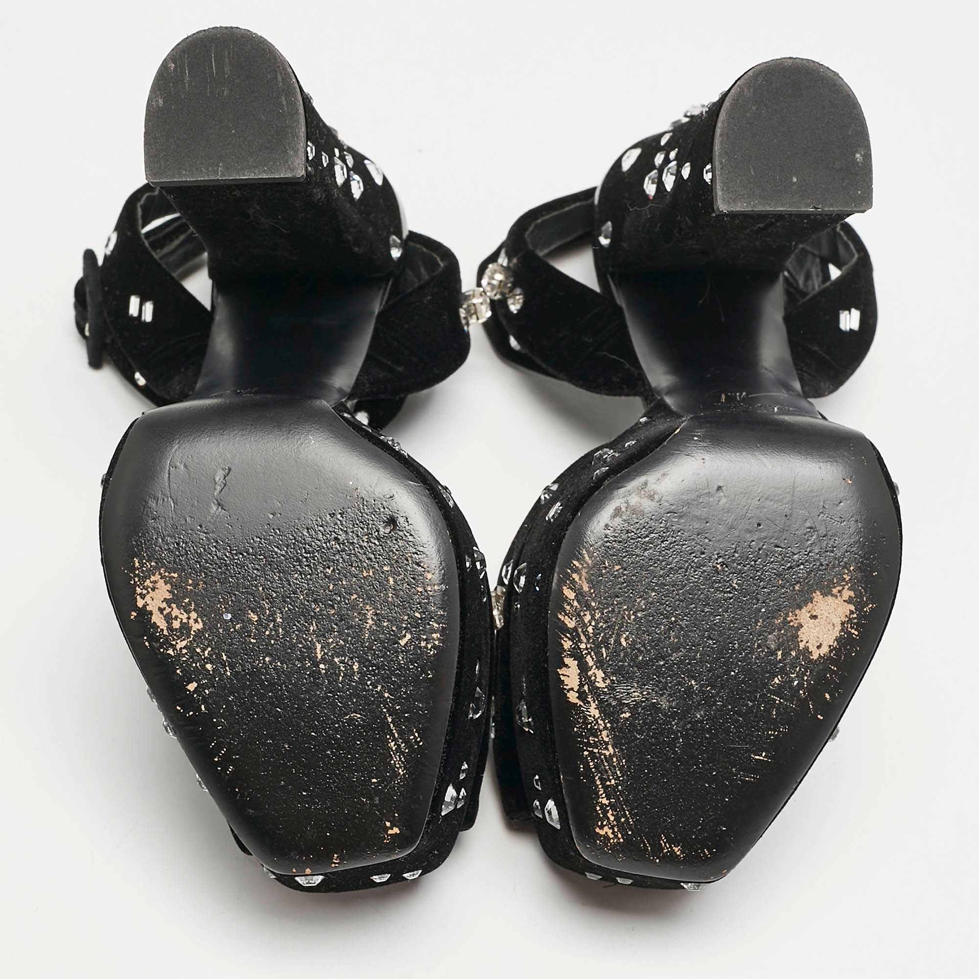 Giuseppe Zanotti Black Velvet Crystal Embellished Ankle Strap Platform Sandals