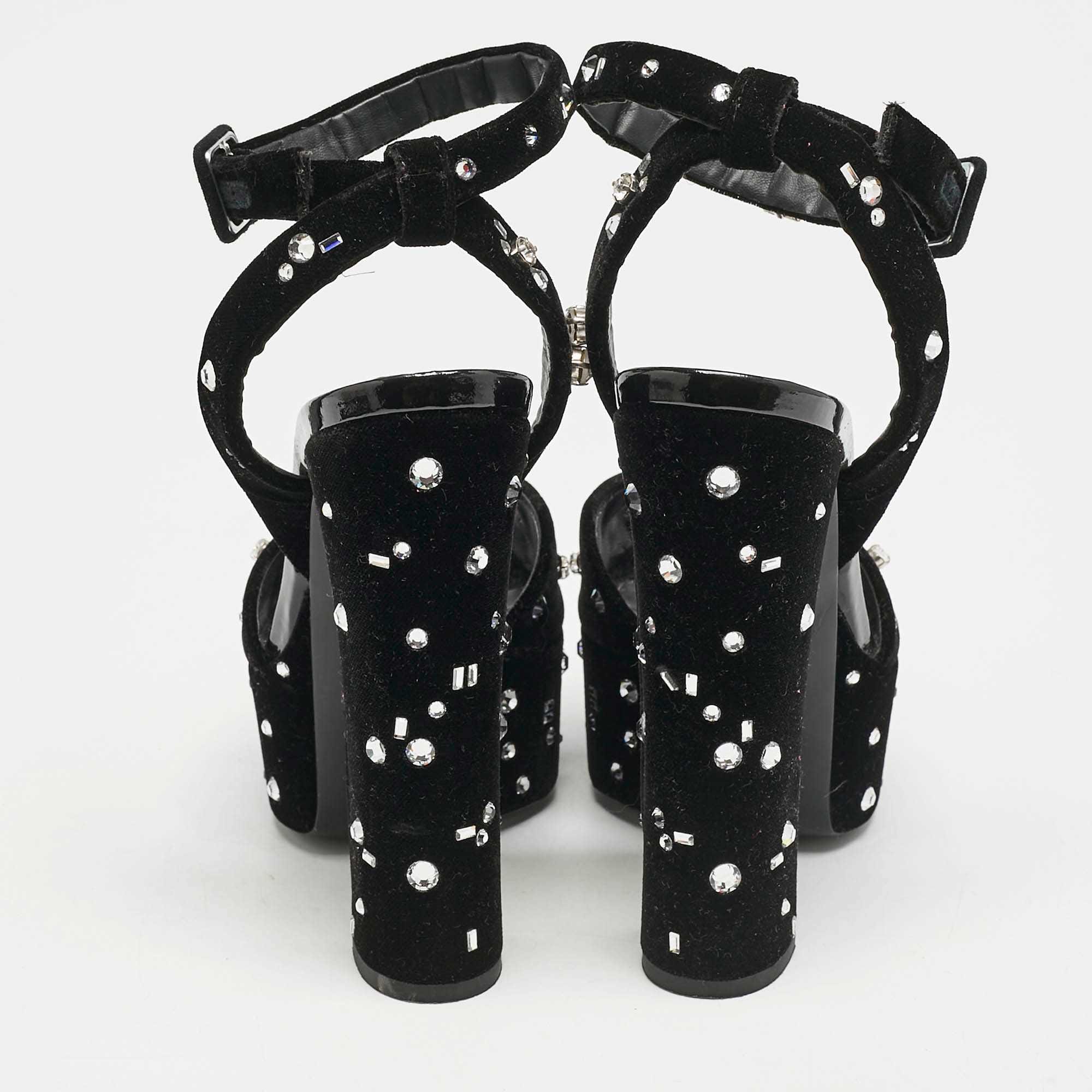 Giuseppe Zanotti Black Velvet Crystal Embellished Ankle Strap Platform Sandals