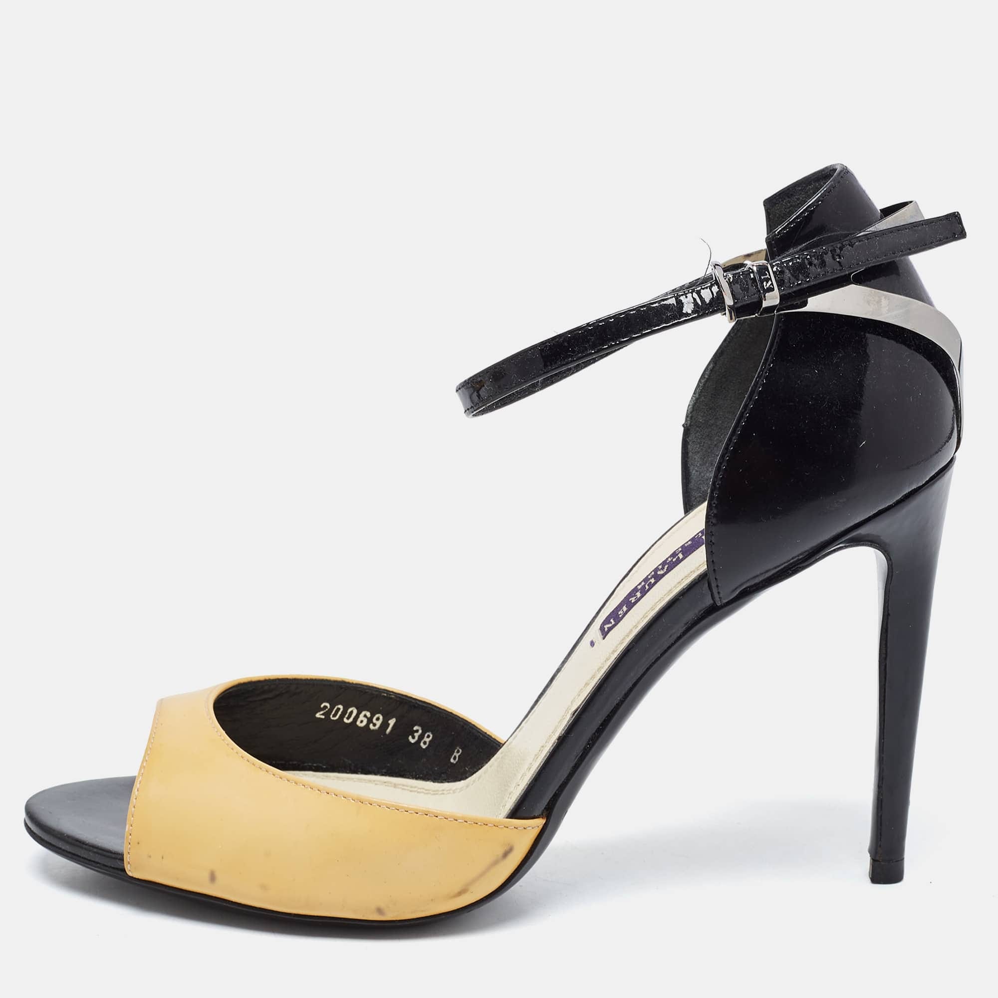 Ralph Lauren Collection Black/yellow Patent Leather Peep Toe Sandals