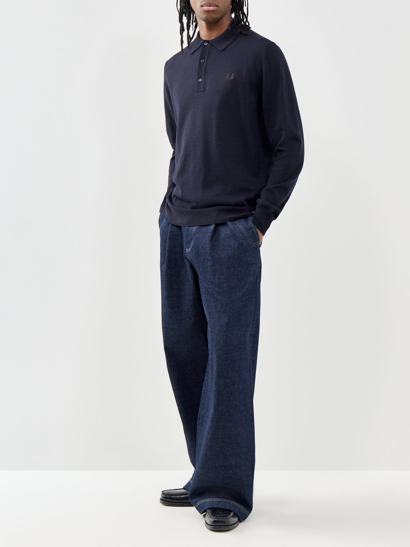 Fred Perry Classic Knitted Long Sleeve Polo Shirt Navy