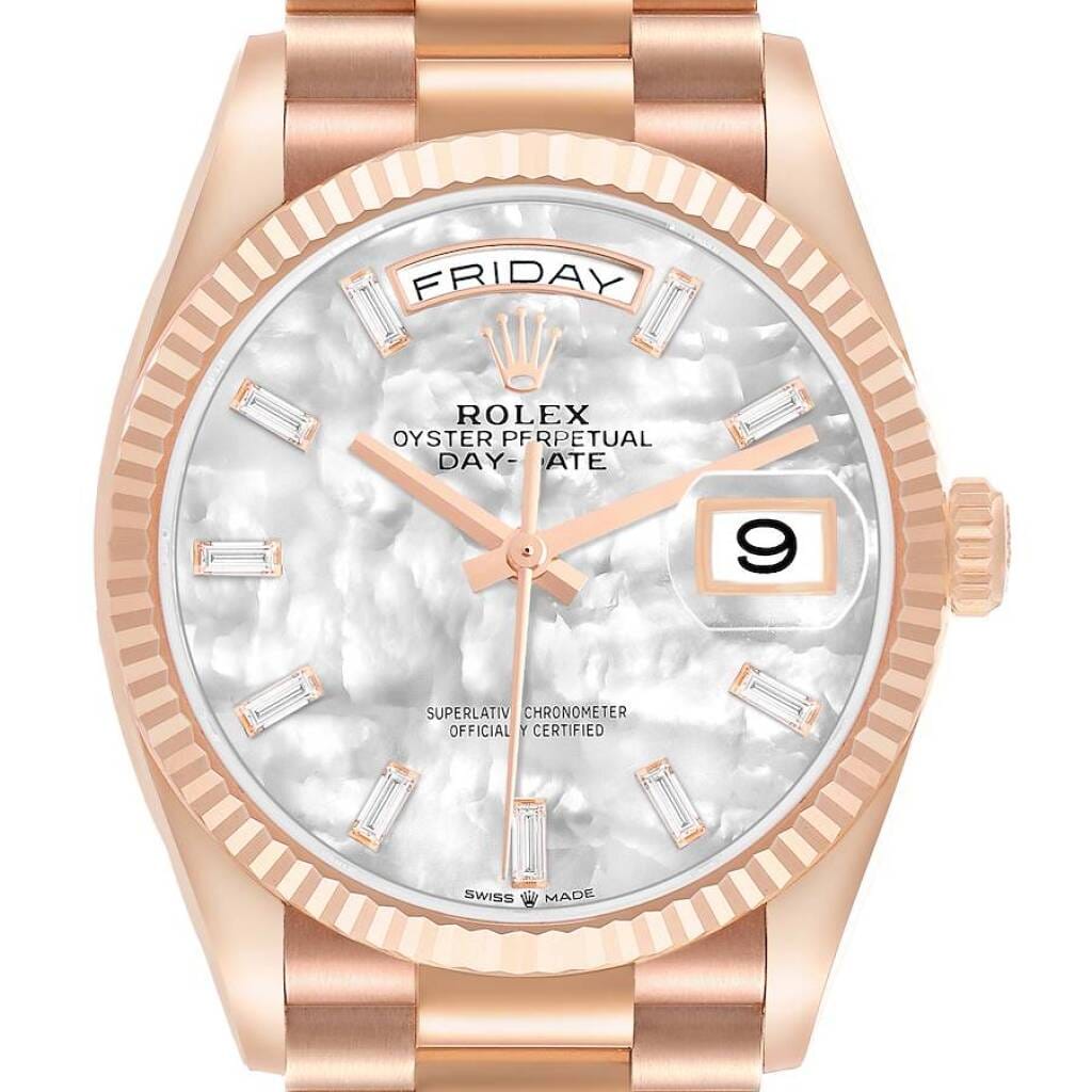President Day-Date (Reference 128235). A 36mm rose gold diamond-set automatic wristwatch with date and day. 2024
