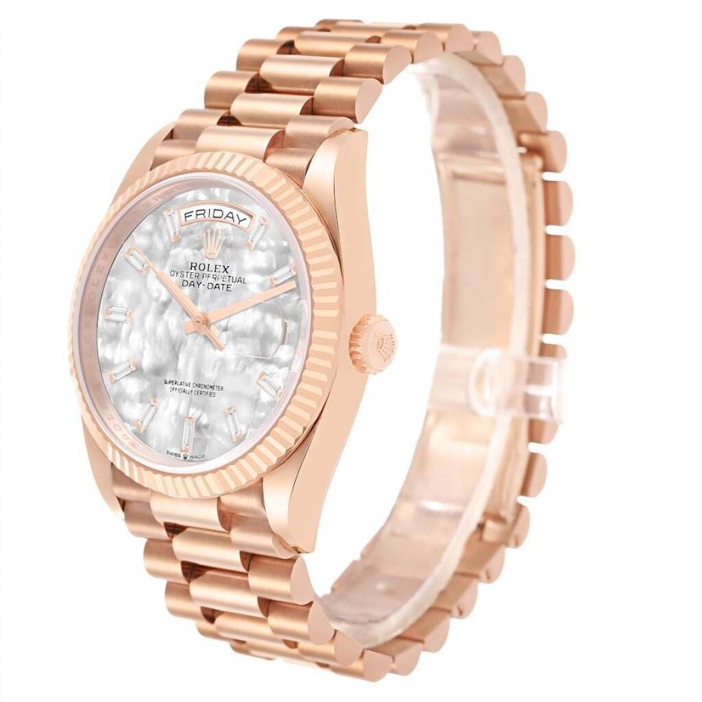 President Day-Date (Reference 128235). A 36mm rose gold diamond-set automatic wristwatch with date and day. 2024