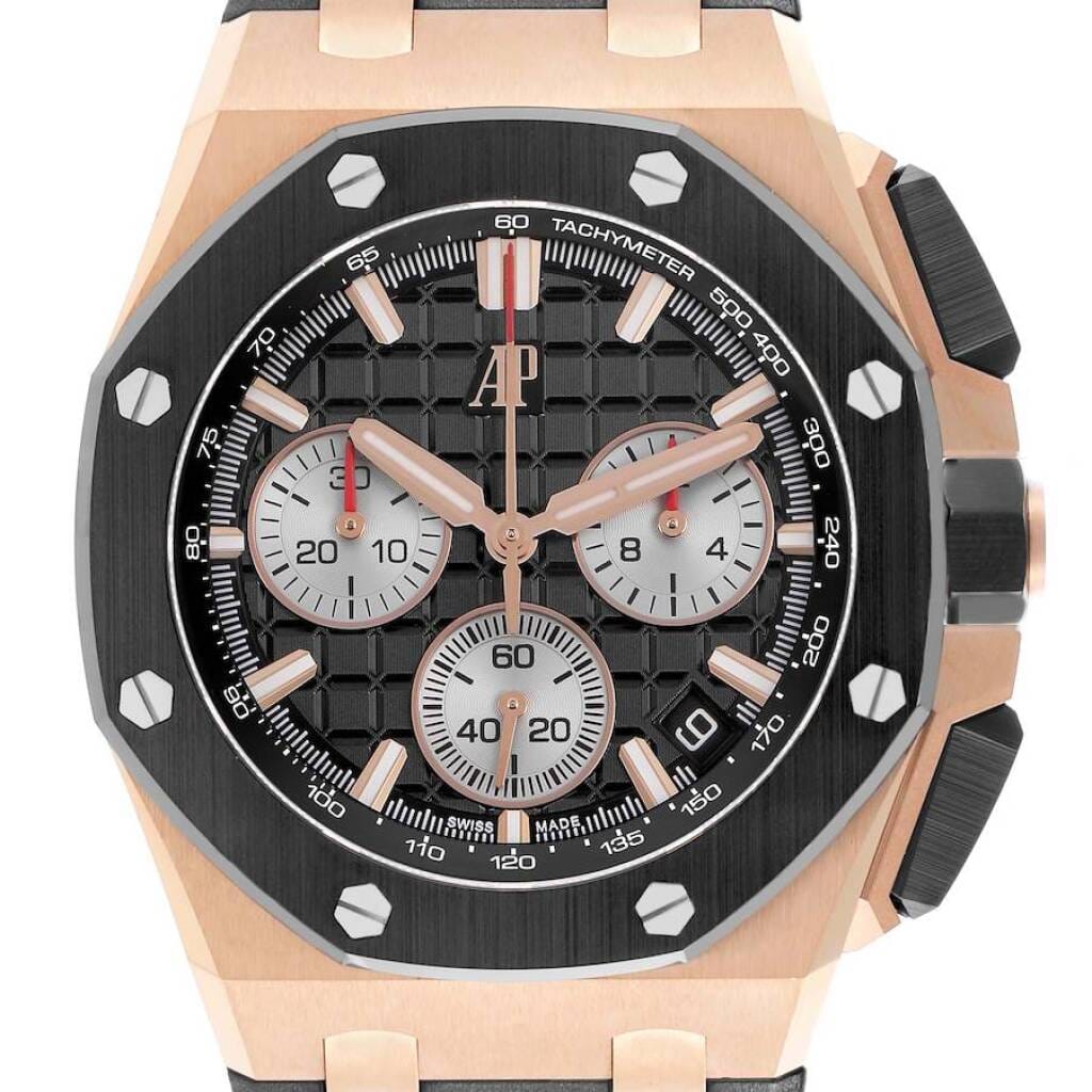 Royal Oak Offshore (Reference 26420RO.OO.A002CA.01). A 44mm rose gold automatic wristwatch with date and chronograph. 2023