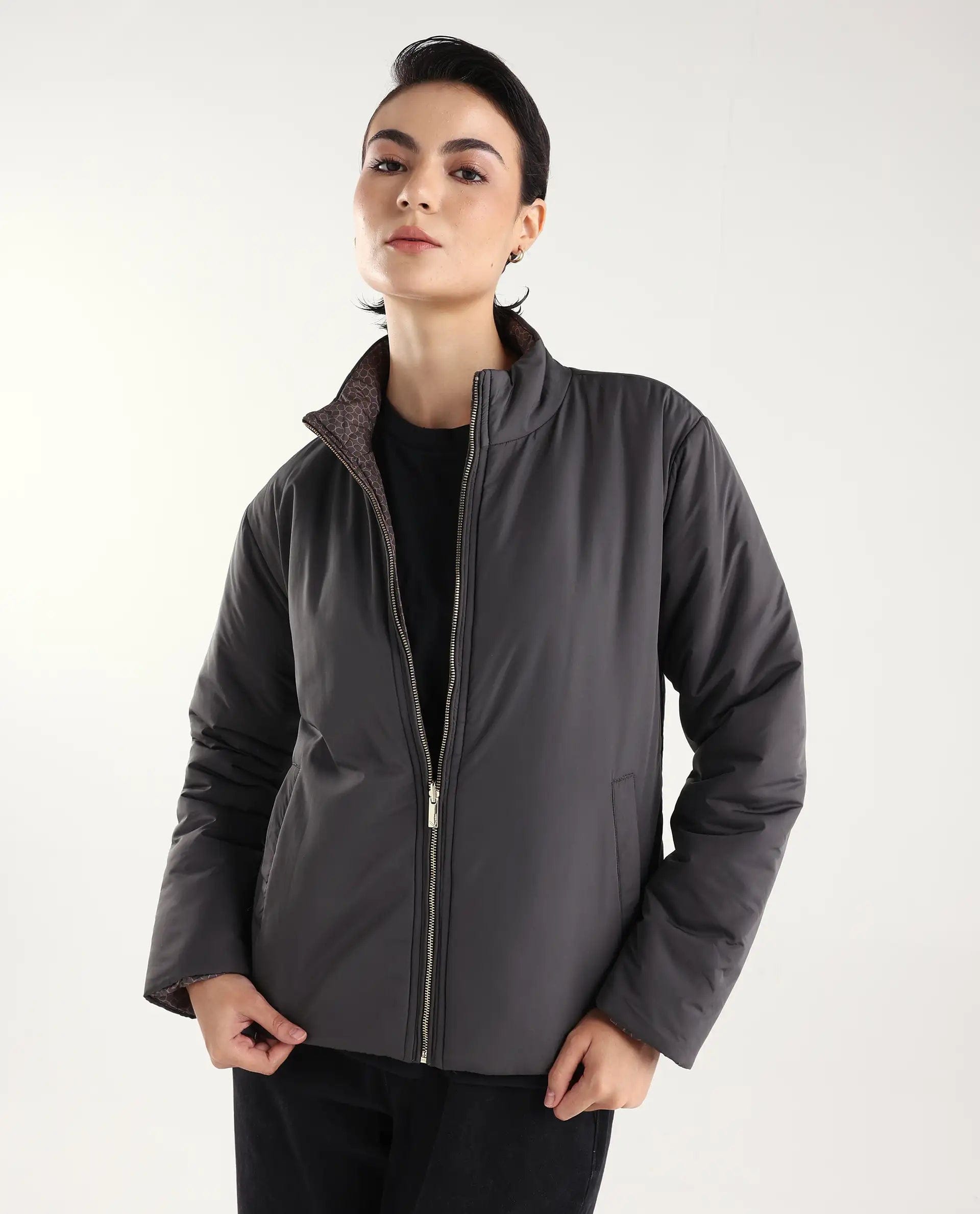 Rareism Women's Derry - W Olive Polyester Crew Neck Jacket Geometric Print Jacket