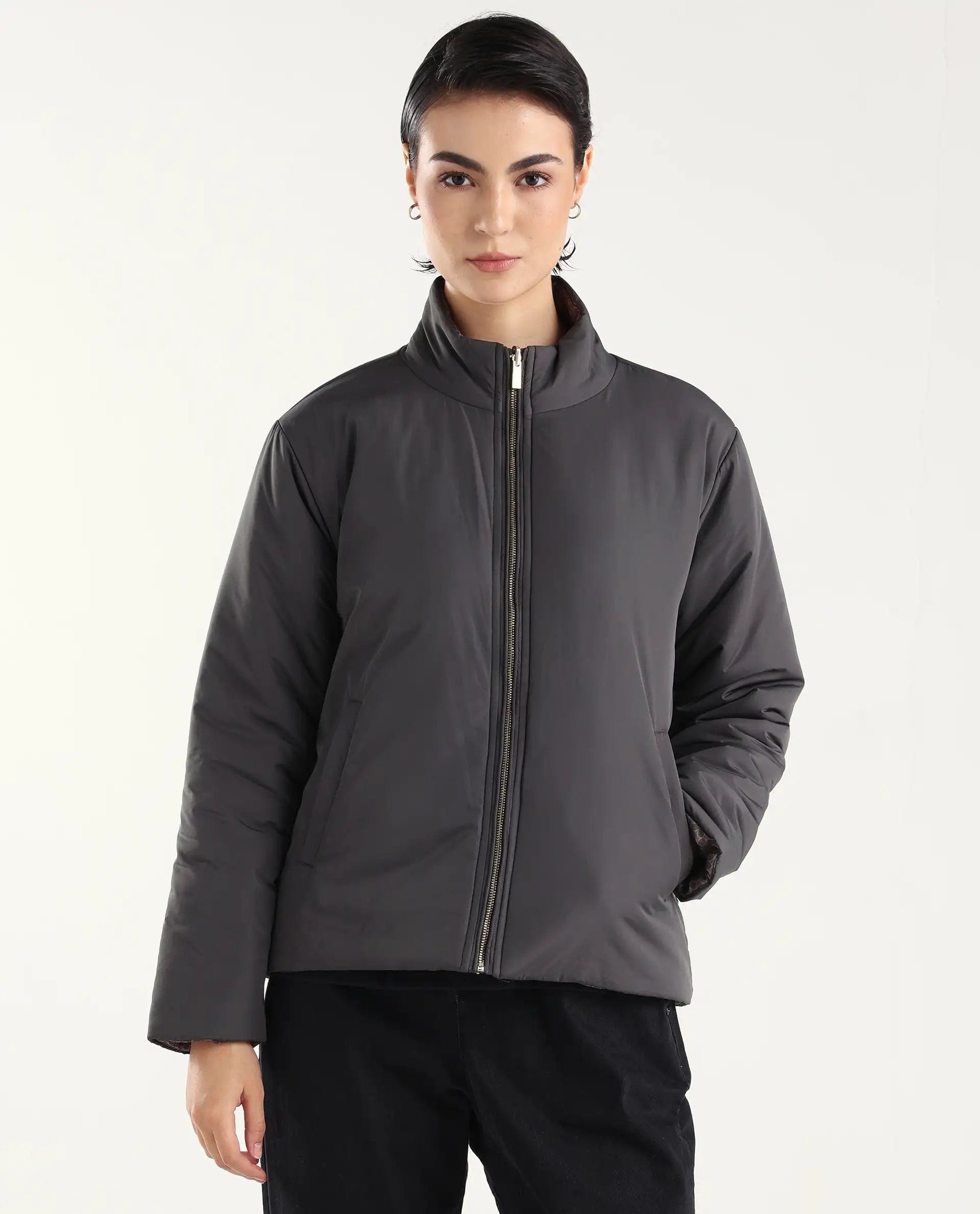 Rareism Women's Derry - W Olive Polyester Crew Neck Jacket Geometric Print Jacket