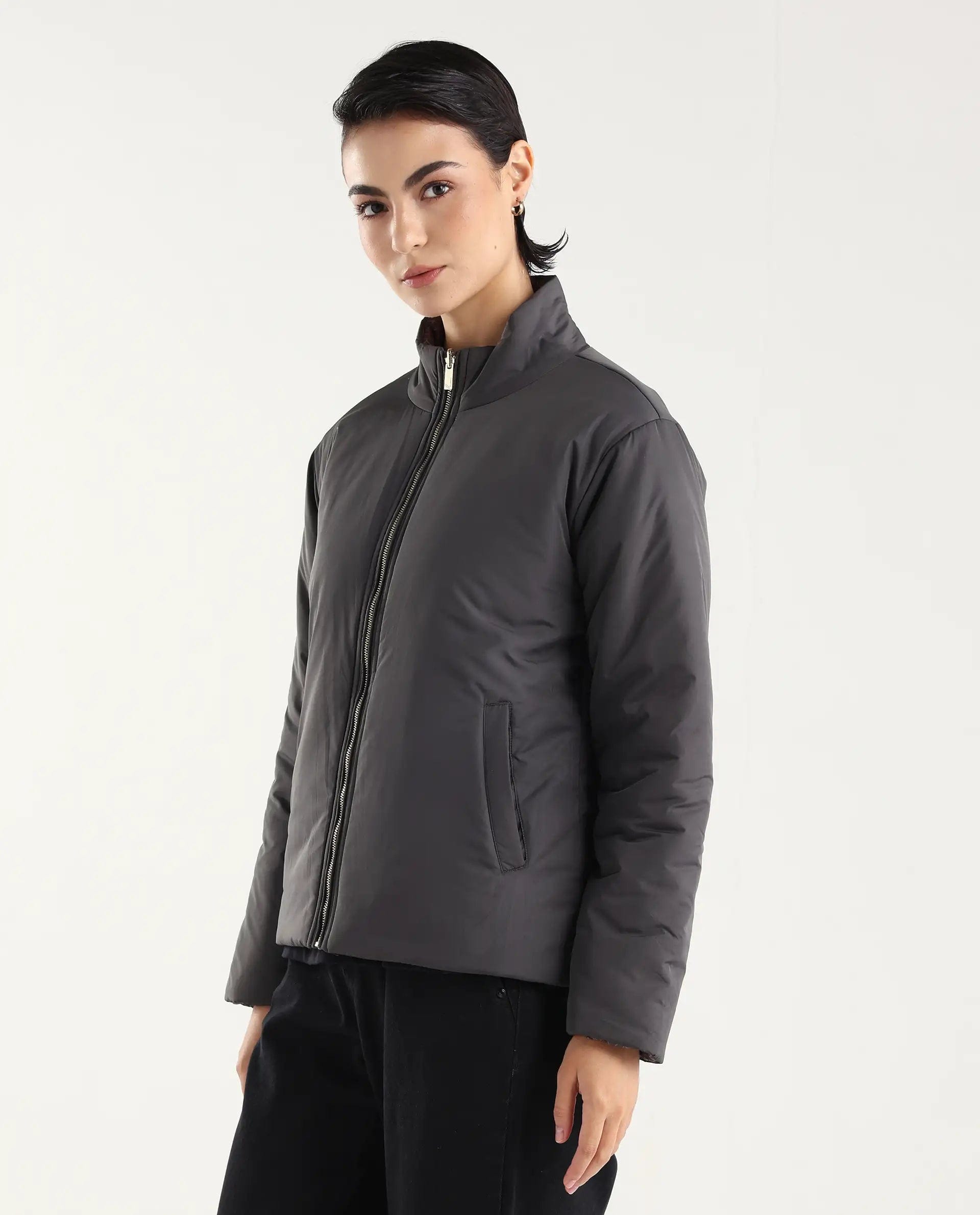Rareism Women's Derry - W Olive Polyester Crew Neck Jacket Geometric Print Jacket