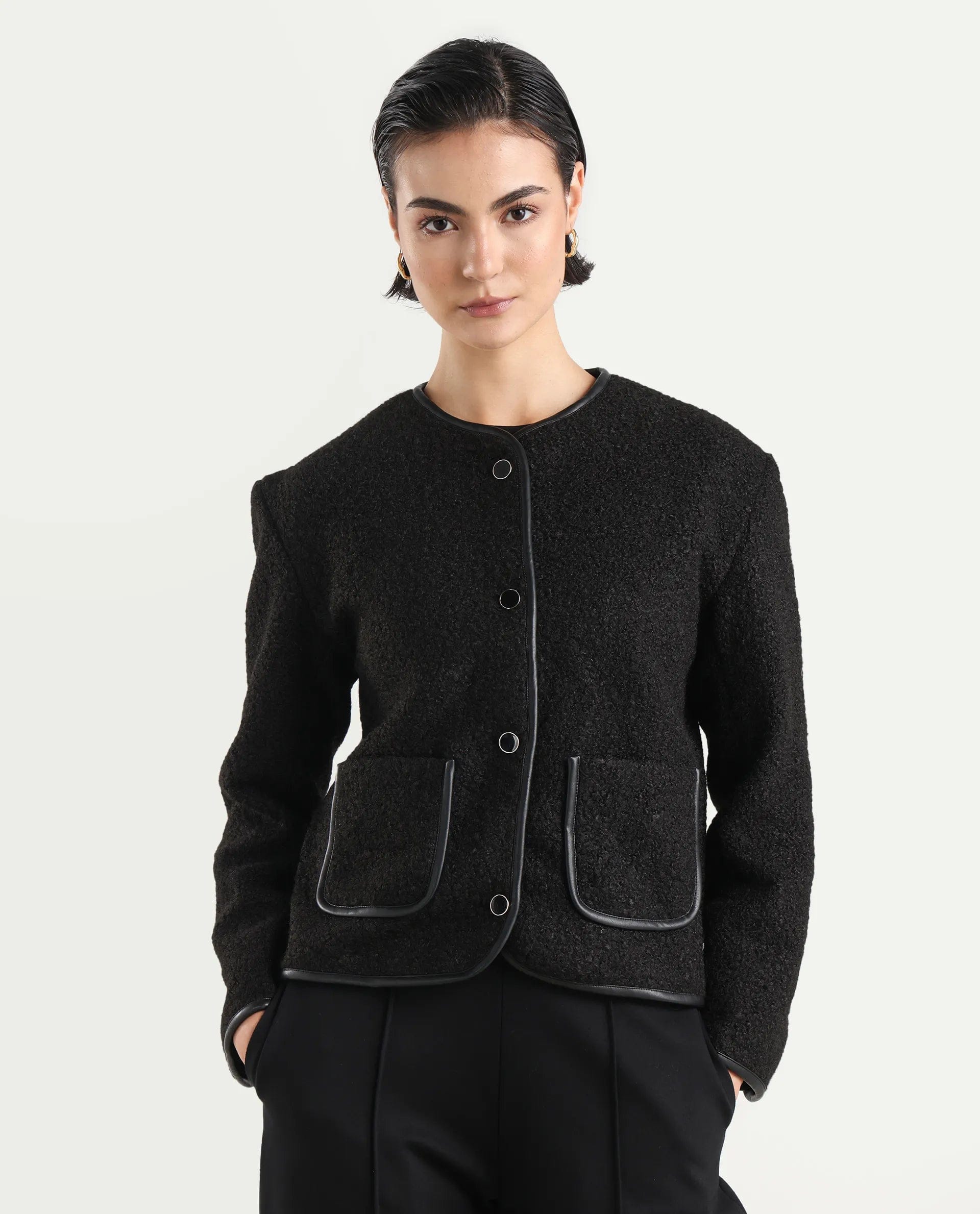 Rareism Women's Nabuc Black Polyester Jacket Plain Jacket