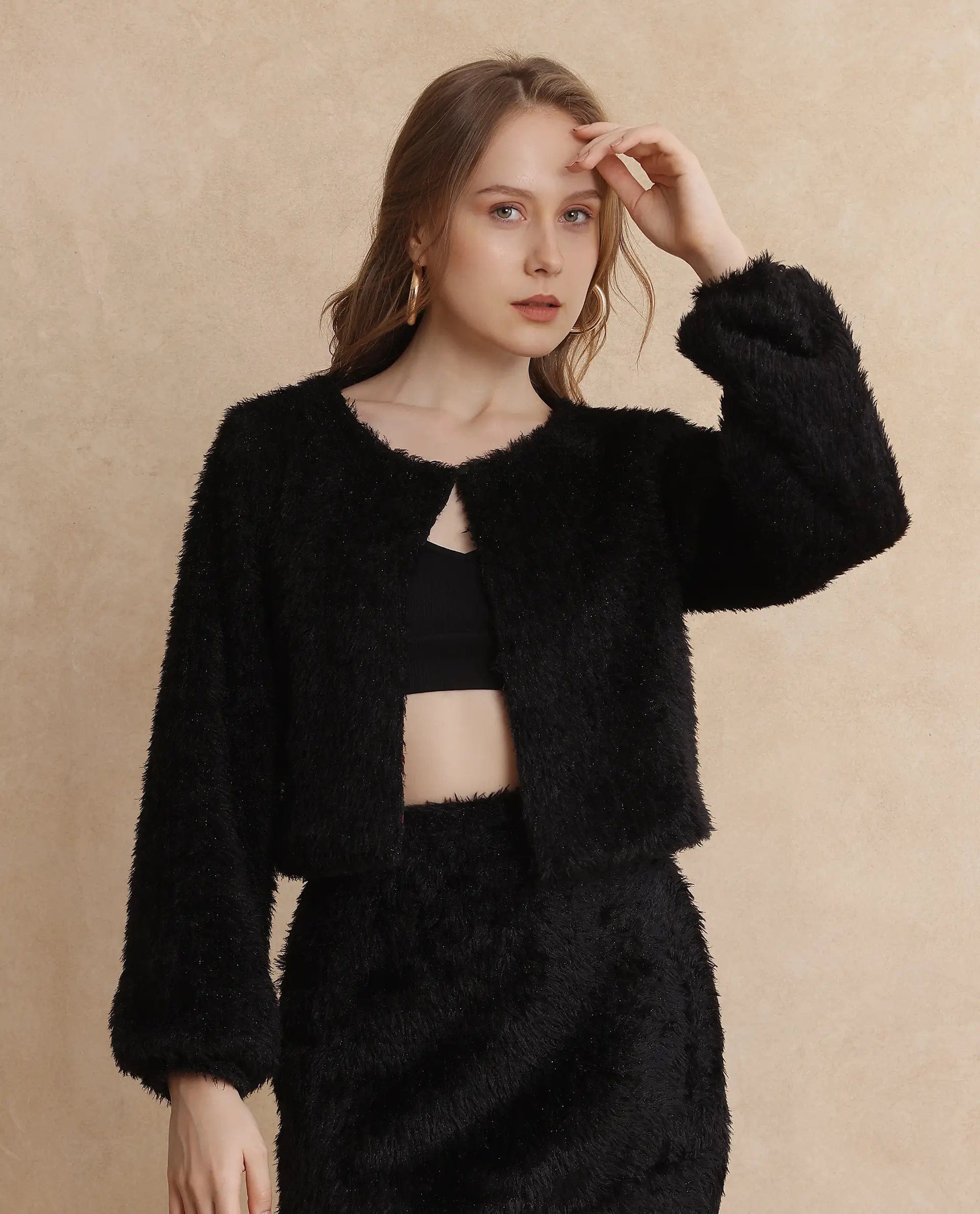 Rareism Women's Pilxar Black Acrylic Crew Neck Dyed Crop Regular Fit Jacket