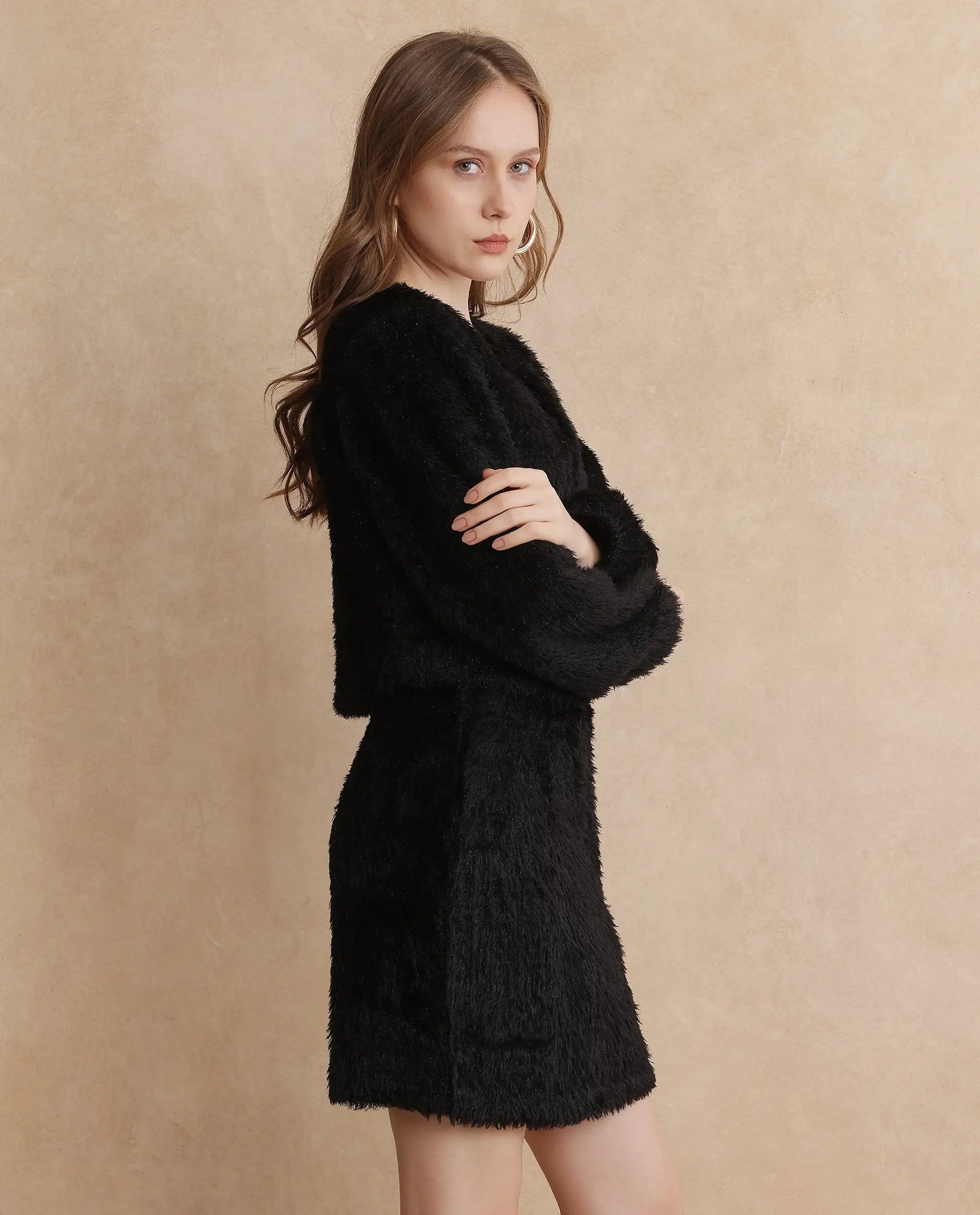 Rareism Women's Pilxar Black Acrylic Crew Neck Dyed Crop Regular Fit Jacket