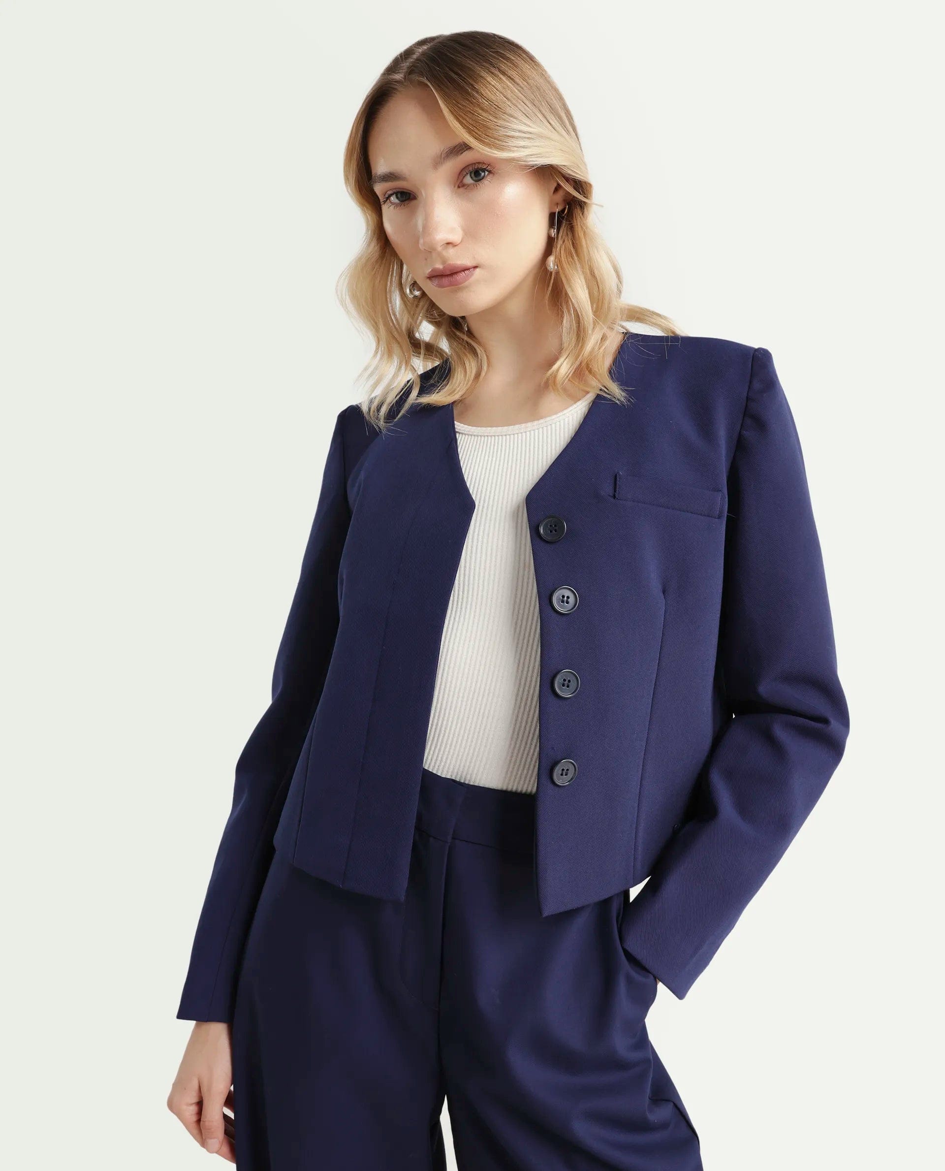 Rareism Women's Castlei Dark Navy V - Neck Plain Regular Fit Jacket