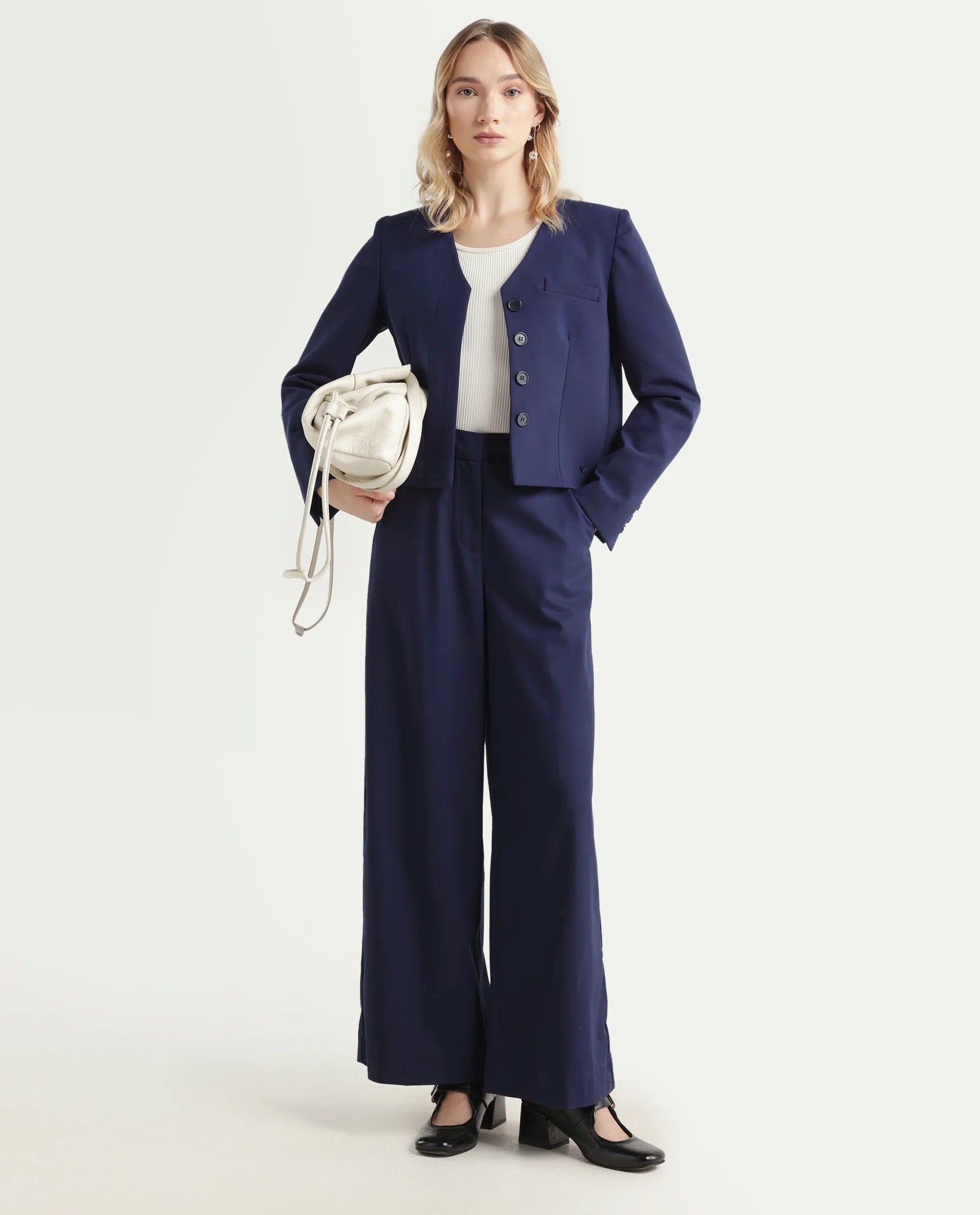 Rareism Women's Castlei Dark Navy V - Neck Plain Regular Fit Jacket