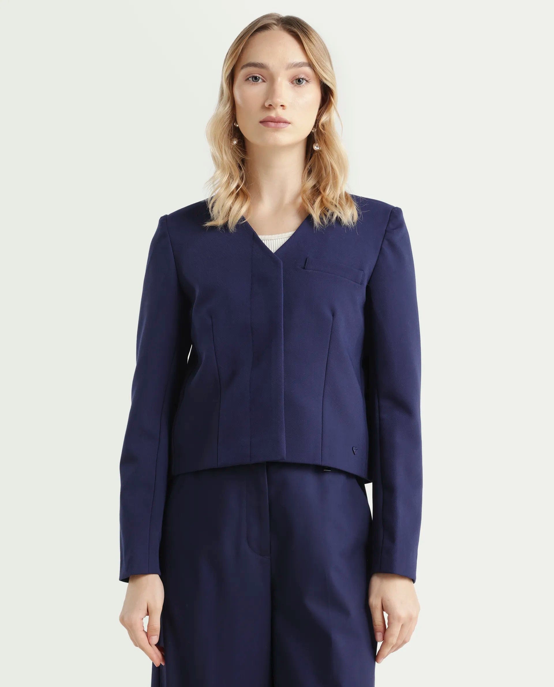 Rareism Women's Castlei Dark Navy V - Neck Plain Regular Fit Jacket