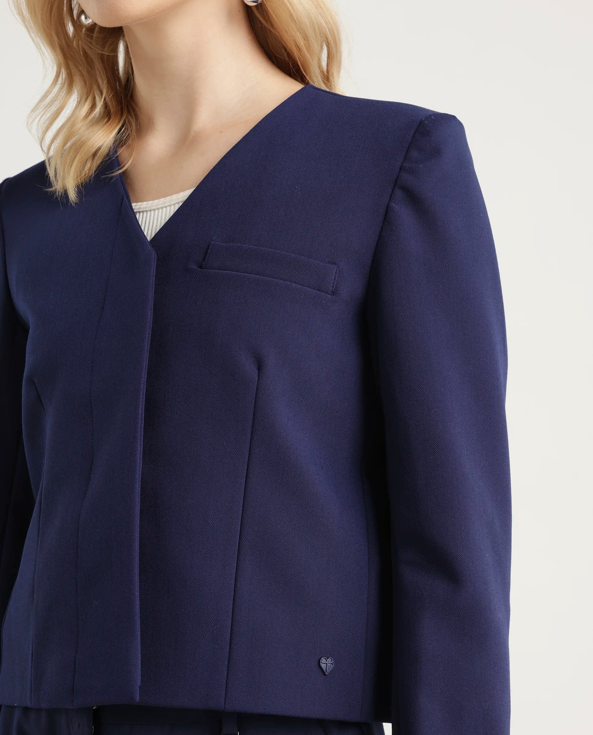 Rareism Women's Castlei Dark Navy V - Neck Plain Regular Fit Jacket
