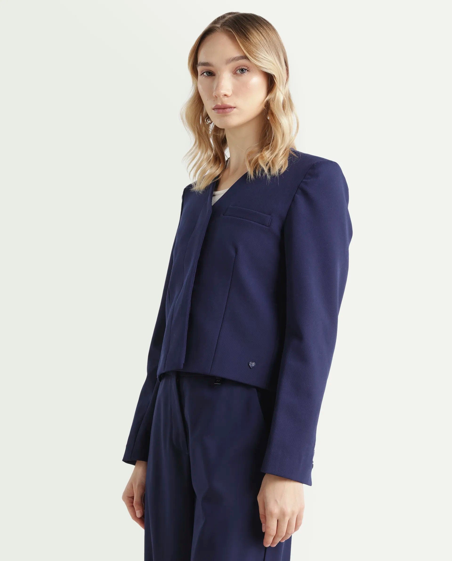 Rareism Women's Castlei Dark Navy V - Neck Plain Regular Fit Jacket