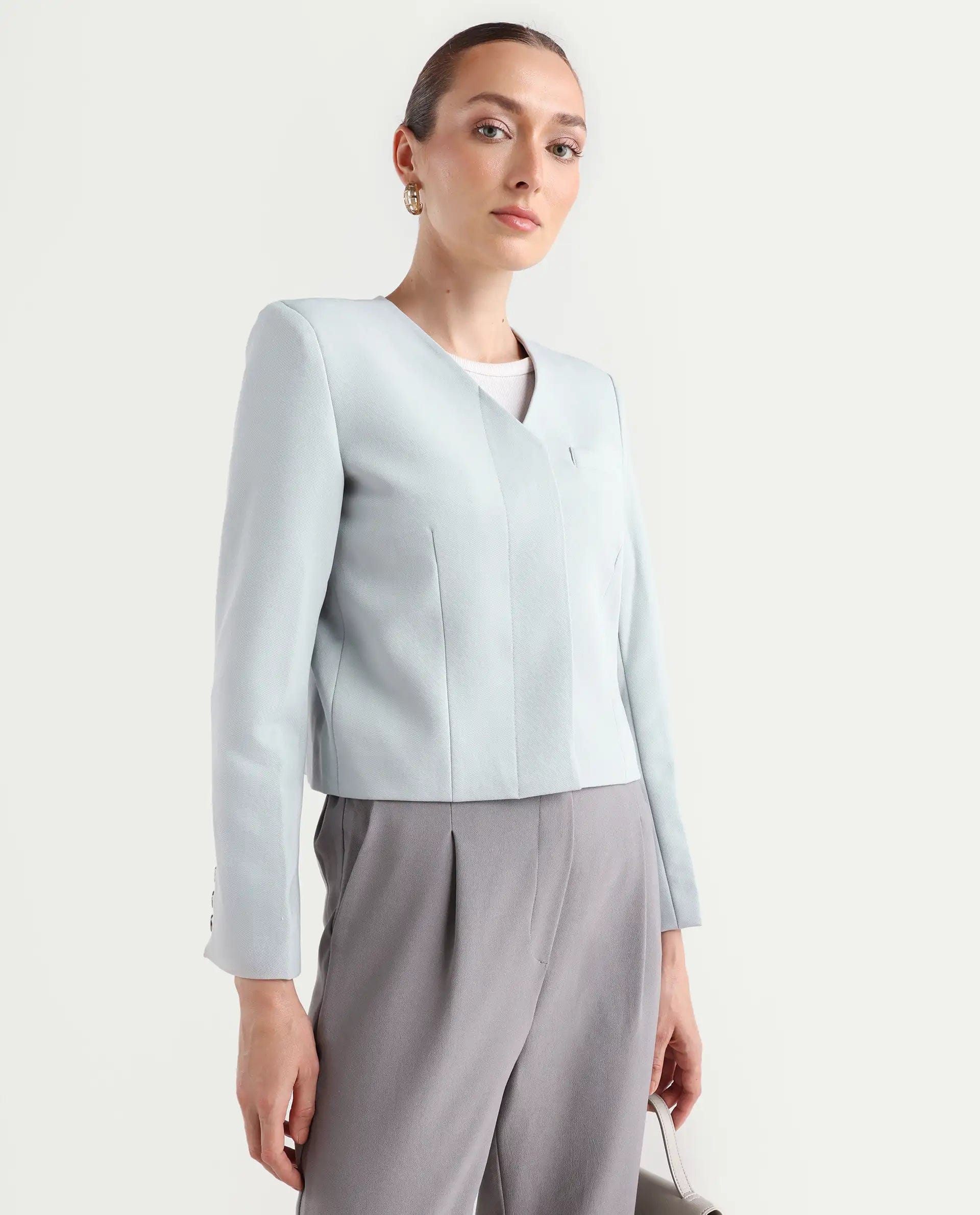 Rareism Women's Castlei Light Grey V - Neck Plain Regular Fit Jacket