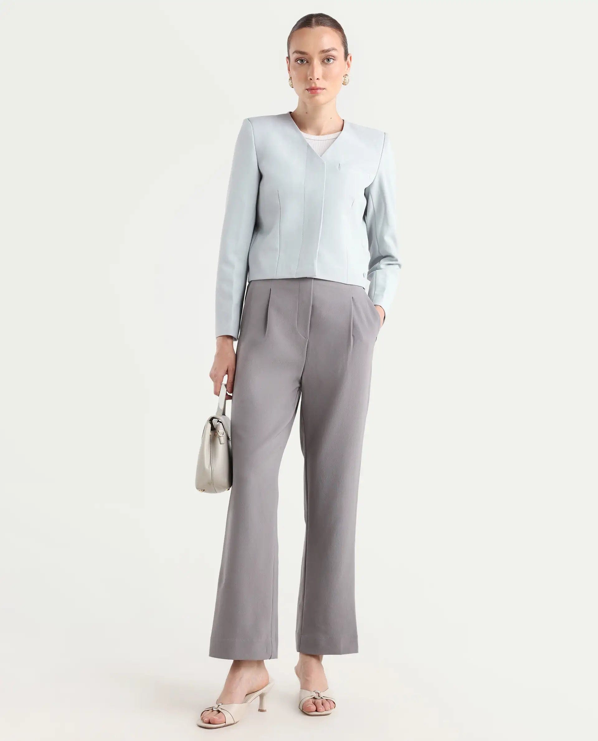 Rareism Women's Castlei Light Grey V - Neck Plain Regular Fit Jacket