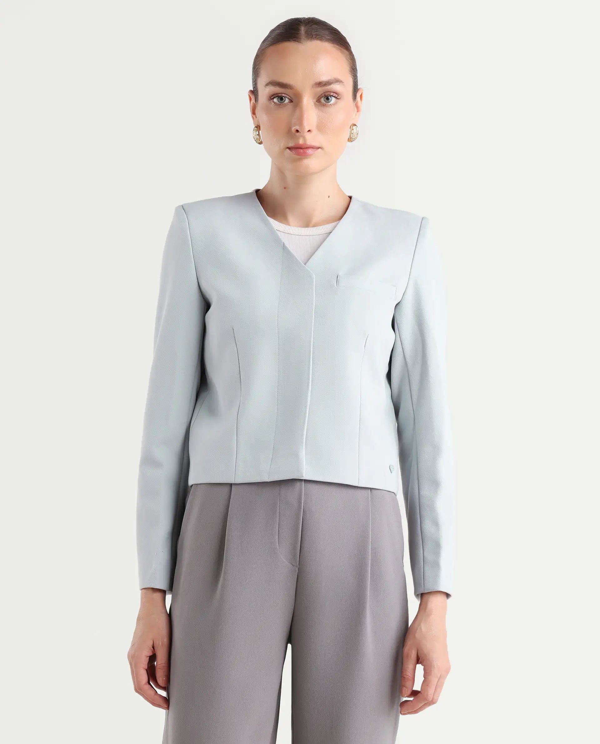 Rareism Women's Castlei Light Grey V - Neck Plain Regular Fit Jacket