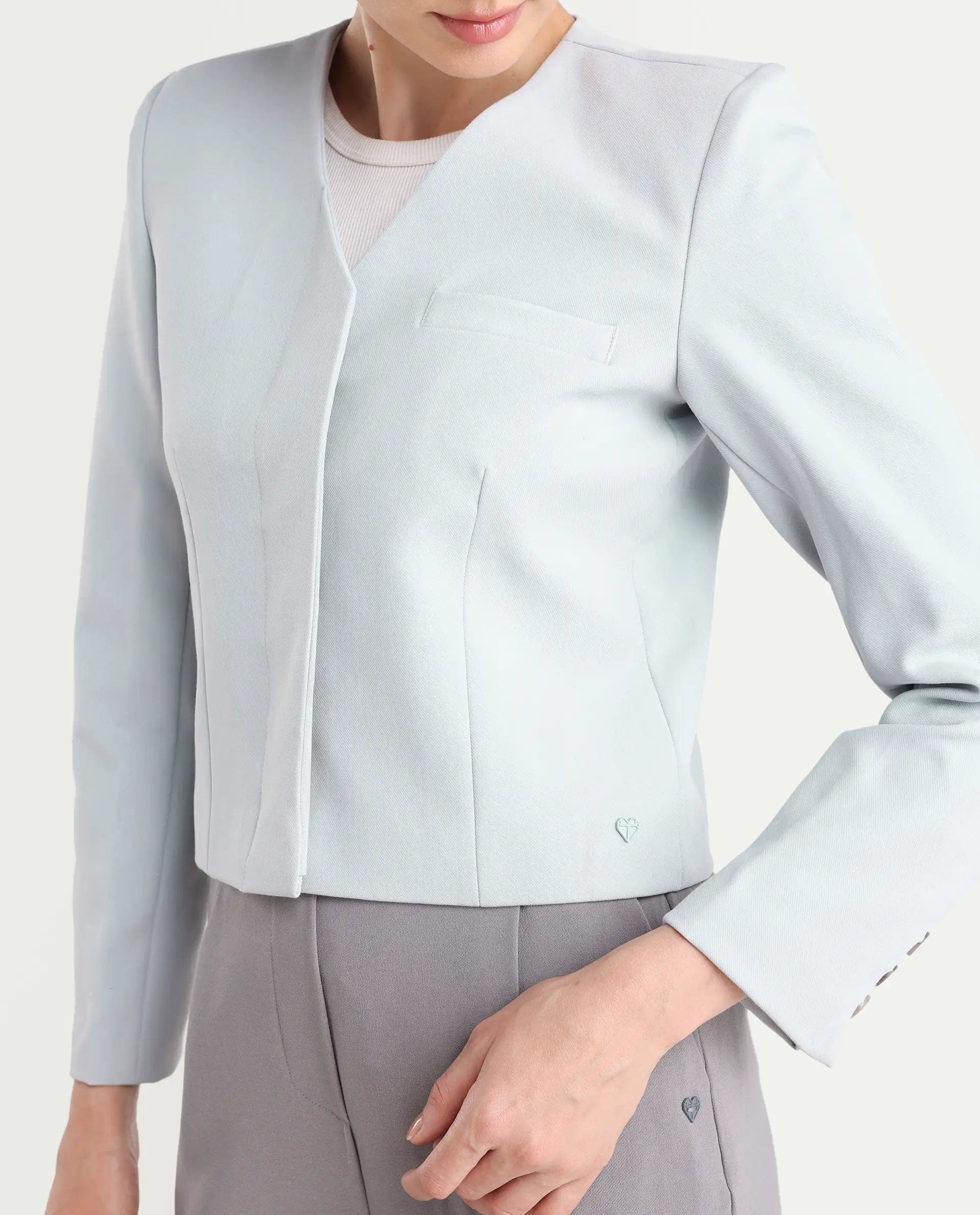 Rareism Women's Castlei Light Grey V - Neck Plain Regular Fit Jacket